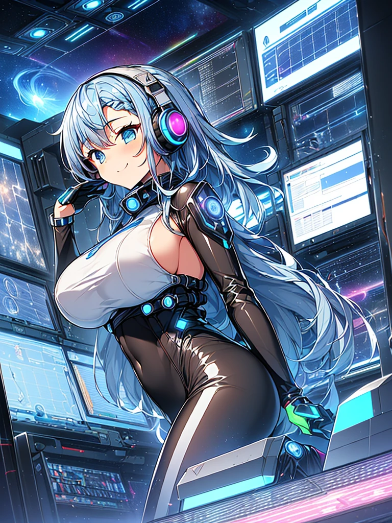 ​masterpiece:1.4, 1girl in ((20yr old, Wearing a tight, futuristic metallic gray bodysuit,long boots, huge-breasted, Blue hair, long,Braided hair,marguerite&#39;Hairstyles, Perfect model body, Blue eyes:1.4, Wearing headphones, Flirting, Happy,  Looking out the window of the futuristic sci-fi space station、While admiring the beautiful galaxy:1.2, SFSF control room on night background:1.1, Neon and energetic atmosphere:1.2)) ((Galaxy)) ((Solo:1.6))