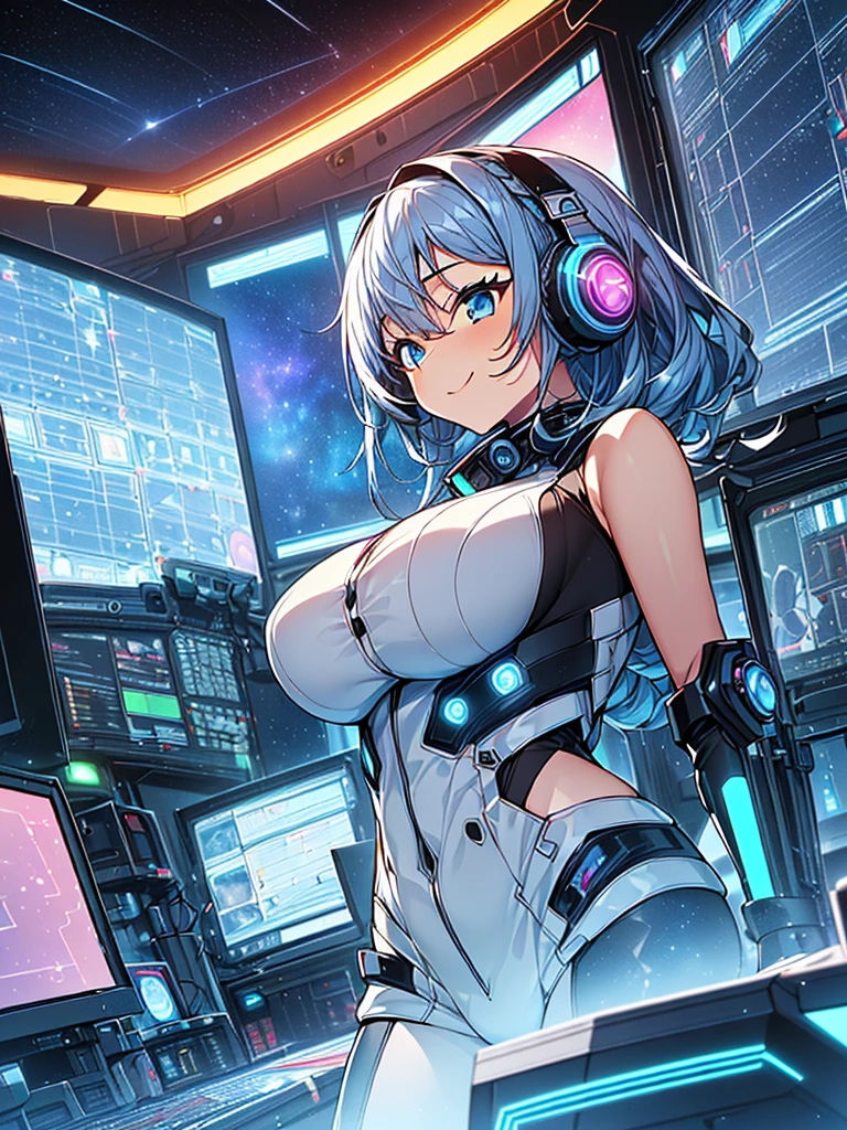 ​masterpiece:1.4, 1girl in ((20yr old, Wearing a tight, futuristic metallic gray bodysuit,long boots, huge-breasted, Blue hair, long,Braided hair,marguerite&#39;Hairstyles, Perfect model body, Blue eyes:1.4, Wearing headphones, Flirting, Happy,  Looking out the window of the futuristic sci-fi space station、While admiring the beautiful galaxy:1.2, SFSF control room on night background:1.1, Neon and energetic atmosphere:1.2)) ((Galaxy)) ((Solo:1.6))