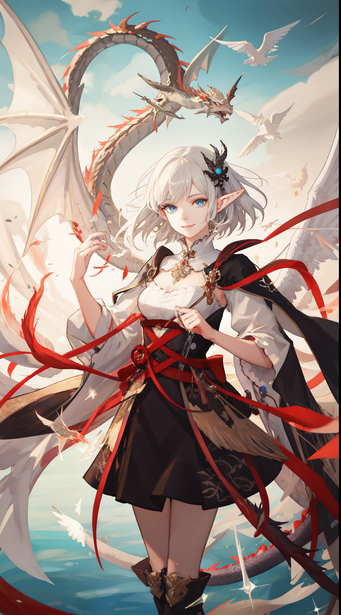 (((masterpiece, best quality))), (Sheer and revealing white fluffy outfit:1.3, ),(Angel with glass wings floating on lake:1.3), (Dragon protecting a girl behind:1.3),Glossy light brown and orange striped shorthair,Cute smile,Perfect round face,A cheerful smile that makes the viewer happy,Proper body proportion,masutepiece,Super high-quality output images,hight resolution,Intricate details,Hair fluttering in a very delicate and beautiful wind,photos realistic,Dreamy,Professional Lighting,realistic shadow,Solo Focus,Beautiful hands,Beautiful fingers,Detailed finger features,detailed clothes features,Detailed hair features,detailed facial features,(Ghibli style:1.3), BREAK, (elf), (1girl), solo, Bob cut hair, Blunt bangs, (hair between eye), white hair，(beautiful detailed face:1.2)，eyelashes, blue eyes, eyeshadow, pink eyeshadow, art style by Artgerm, Wadim kashin, Kawacy,