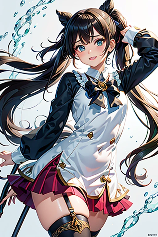 (masterpiece), (best quality), detailed, 1 girl, soro, twintails, long wavy hair twintails.hairs between eyes,dark green eyes ,dark green hair, (magical girl:1.2), bow, dress, (pink:0.6), over legwear, boots, too many frills, too many bow, standing,striped panties.magical stick, mechanical stick, magic cercle, frying,from below,on the cyberspace stadio
