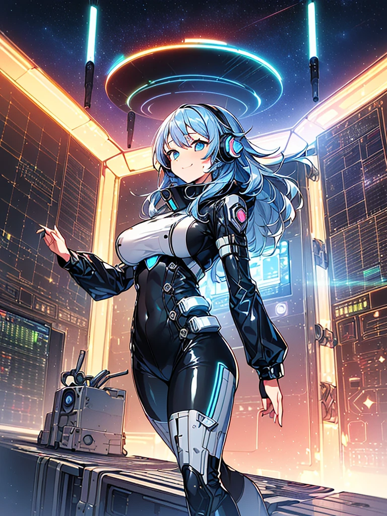 masterpiece:1.4, 1girl in ((20yr old, Wearing a tight, futuristic metallic gray bodysuit,long boots, huge-breasted, Blue hair, long,Braided hair,marguerite'Hairstyles, Perfect model body, Blue eyes:1.4, Wearing headphones, Flirting, Happy, Looking out the window of the futuristic sci-fi space station、While admiring the beautiful galaxy:1.2, SFSF control room on night background:1.1, Neon and energetic atmosphere:1.2)) ((Galaxy)) ((Solo:1.6))