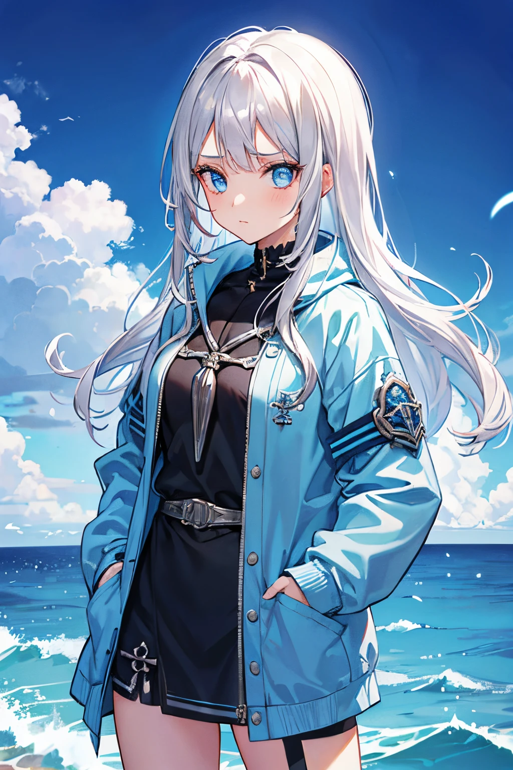 1Girl, Silver hair, olhos azul, roupas de marinheira, seios grandes, 20 anos, Determined expression, hands in a pocket