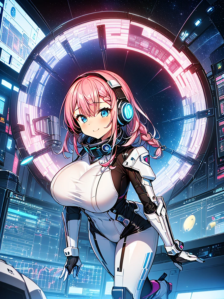 ​masterpiece:1.4, 1girl in ((20yr old, Wearing a tight, futuristic metallic white bodysuit,long boots, huge-breasted, A pink-haired, long,Braided hair,marguerite&#39;Hairstyles, Perfect model body, Blue eyes:1.4, Wearing headphones, Flirting, Happy,  Looking out the window of the futuristic sci-fi space station、While admiring the beautiful galaxy:1.2, SFSF control room on night background:1.1, Neon and energetic atmosphere:1.2)) ((Galaxy)) ((Solo:1.6))