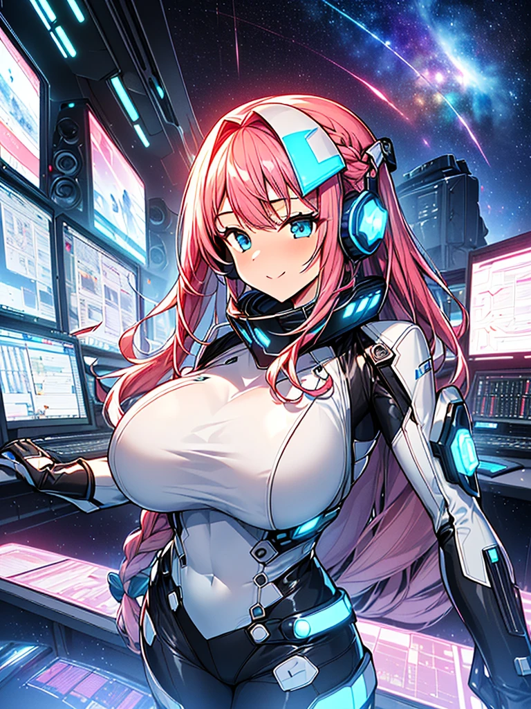 ​masterpiece:1.4, 1girl in ((20yr old, Wearing a tight, futuristic metallic white bodysuit,long boots, huge-breasted, A pink-haired, long,Braided hair,marguerite&#39;Hairstyles, Perfect model body, Blue eyes:1.4, Wearing headphones, Flirting, Happy,  Looking out the window of the futuristic sci-fi space station、While admiring the beautiful galaxy:1.2, SFSF control room on night background:1.1, Neon and energetic atmosphere:1.2)) ((Galaxy)) ((Solo:1.6))