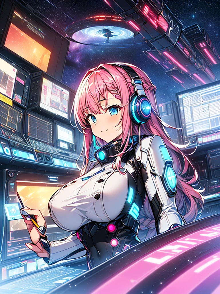 ​masterpiece:1.4, 1girl in ((20yr old, Wearing a tight, futuristic metallic white bodysuit,long boots, huge-breasted, A pink-haired, long,Braided hair,marguerite&#39;Hairstyles, Perfect model body, Blue eyes:1.4, Wearing headphones, Flirting, Happy,  Looking out the window of the futuristic sci-fi space station、While admiring the beautiful galaxy:1.2, SFSF control room on night background:1.1, Neon and energetic atmosphere:1.2)) ((Galaxy)) ((Solo:1.6))