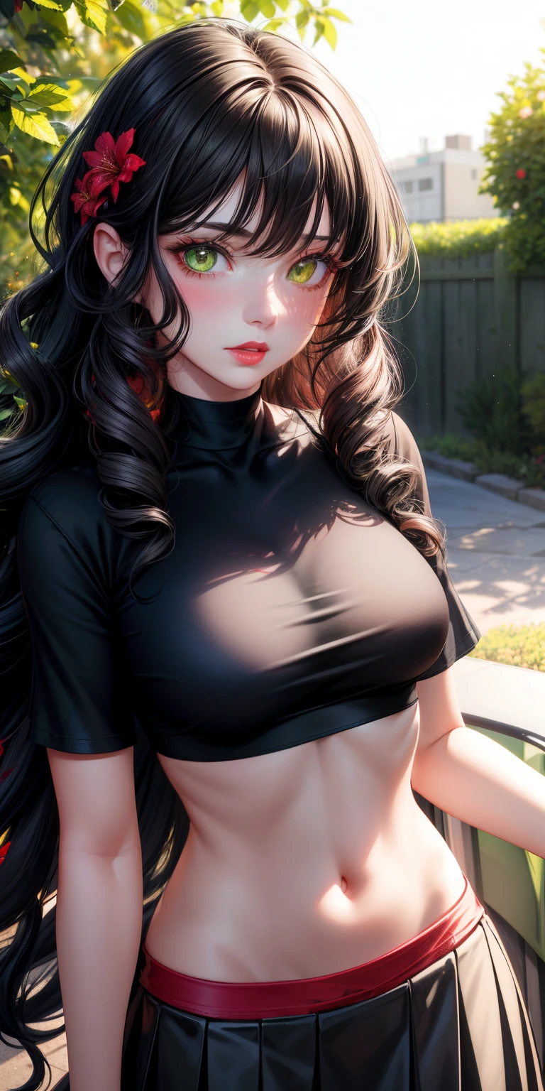 realistic, 1girl, black hair, purple eyes, bright eyes, cropped top, skirt, lips parted, blush, night, flowers, sun, sunlight,