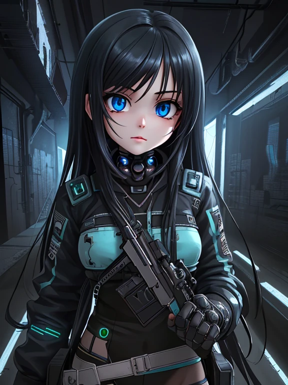 High-definition, intricate details, highest quality, A masterpiece, photograph, cowboy shot, cyber punk, post apocalypse, 1 girl, black hair, Semi-long hair, beautiful face, blue eyes,