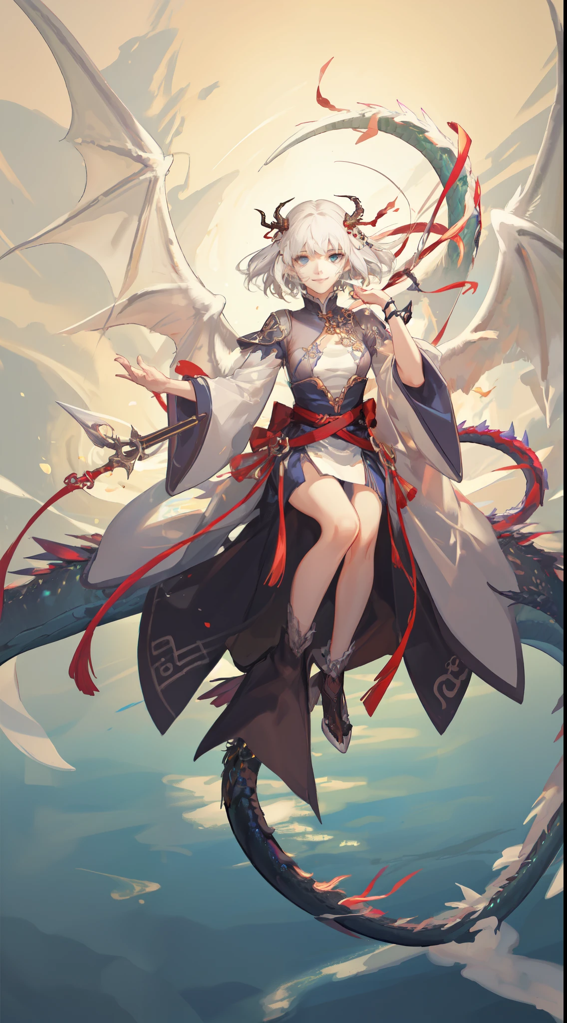 (Sheer and revealing white fluffy outfit:1.3, ),(Angel with glass wings floating on lake:1.3), (Dragon protecting a girl behind:1.3),Glossy light brown and orange striped shorthair,Cute smile,Perfect round face,A cheerful smile that makes the viewer happy,Proper body proportion,masutepiece,Super high-quality output images,hight resolution,Intricate details,Hair fluttering in a very delicate and beautiful wind,photos realistic,Dreamy,Professional Lighting,realistic shadow,Solo Focus,Beautiful hands,Beautiful fingers,Detailed finger features,detailed clothes features,Detailed hair features,detailed facial features,(Ghibli style:1.3), BREAK, (masterpiece, top quality, best quality, official art, beautiful and aesthetic:1.2), (elf), (1girl), solo, Bob cut hair, Blunt bangs, (hair between eye), white hair,(beautiful detailed face:1.2),eyelashes, blue eyes, eyeshadow, pink eyeshadow, art style by Artgerm, Wadim kashin, Kawacy,