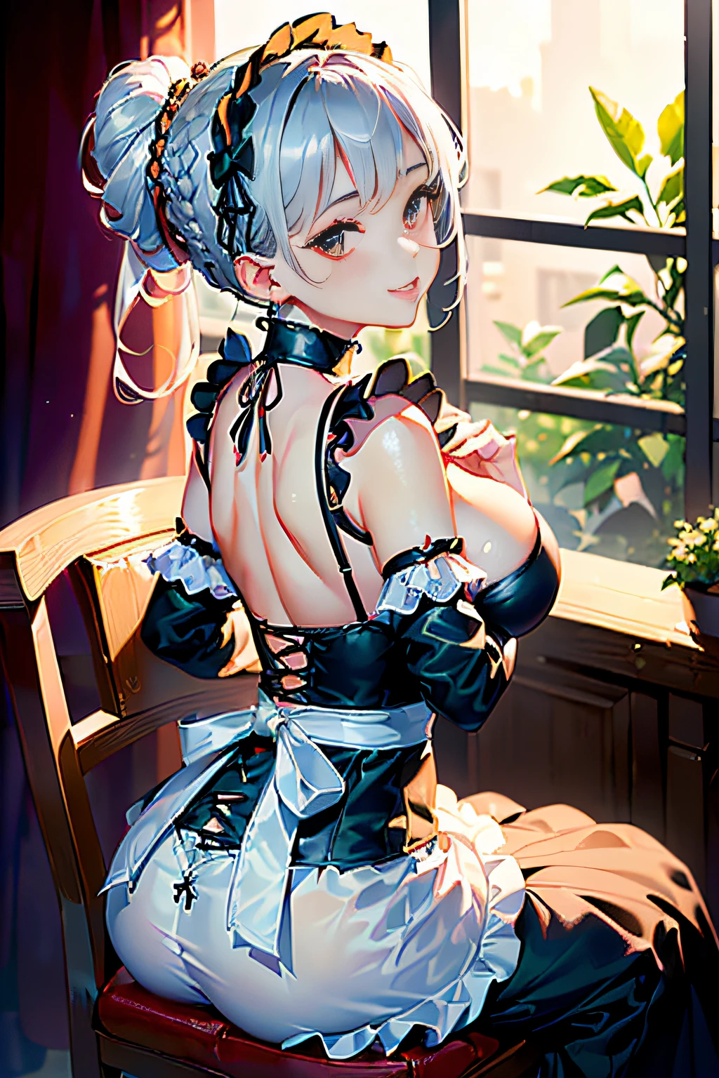 (((beautiful gothic ta woman:1.3)),(((emphasizing breasts:1.3))),(Dynamic angles),(Dynamic and sexy bending pose:1.3),(sit a chair:1.3),(Short hair in shiny silver and orange inner colors,large full breasts,Disturbance of clothing due to movement,breast slip,(Ponytail twisted buns adorned with elaborate braids and beads,Braided Setup Fishbone Hair),(see-through bangs),Huge breasts、(((A white lace apron that shows your bare skin from under your big breasts...)))、Blush with embarrassment、Enraptured eyes、A smile that beguiles the viewer、(Look back:1.7)、Look into the photographer,skin glistening with sweat,gazing at viewer,(Professional Lighting),(8K,3D images,masutepiece,top-quality,Ultra-high resolution output image,),(Ultra HD with complex detail image modes),depth of fields,Beautiful hands,Beautiful fingers,Detailed finger features,(Detailed hair features:1.7),detailed facial features,detailed clothes features,