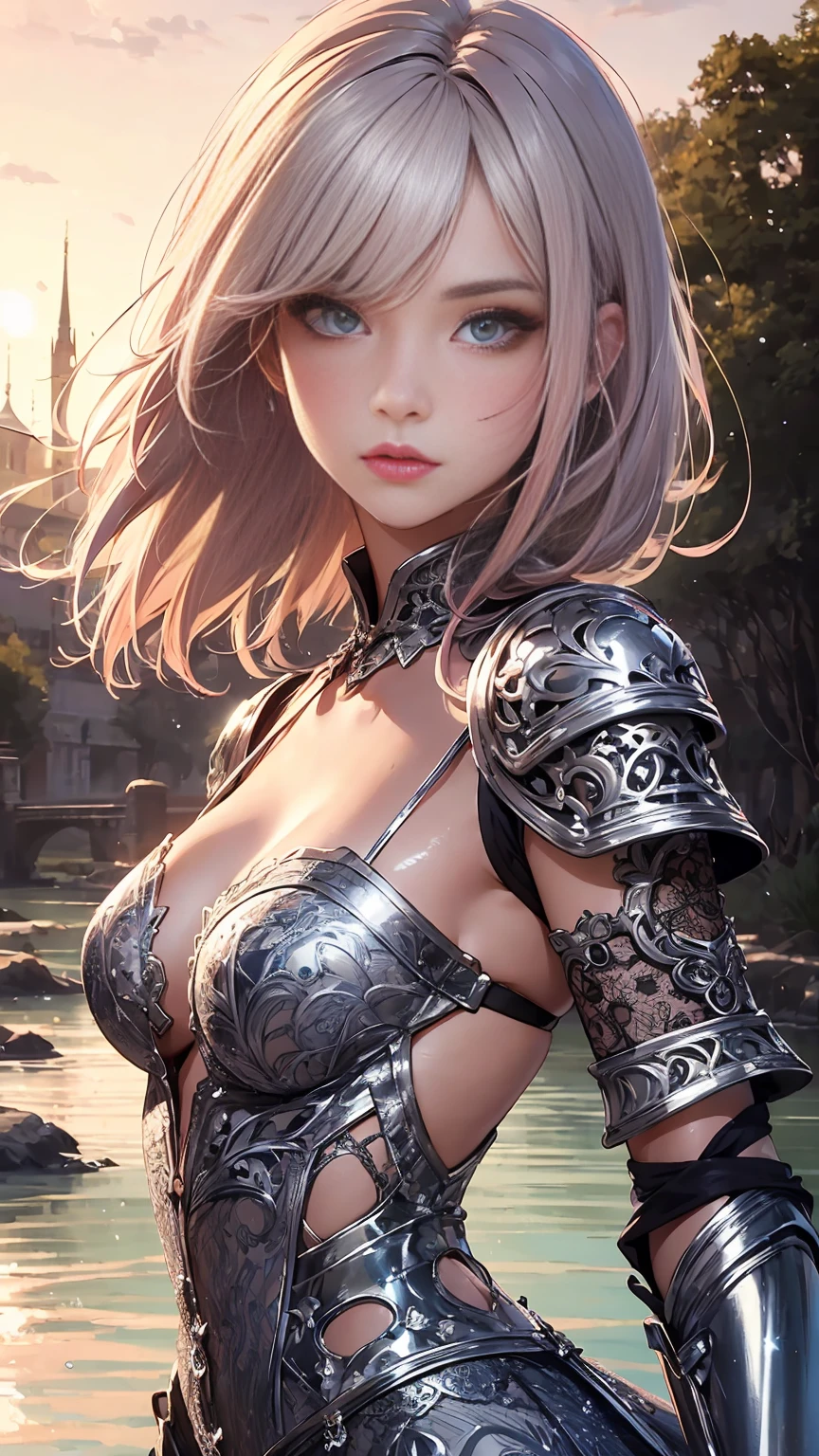 Realistic, Hyper Detail, Girls only, Layered Bob, Dynamic lighting, ((Bold imaginative poses)), (Glossy skin: 1.5), masutepiece, of the highest quality, absurdity, Watching Viewer, (blonde and pink hair), Beautiful deep purple clear eyes, Detailed eyes, Eyes Like Gems, Sparkling eyes:1.3)), slender, High resolution, Sharp Focus, depth of fields, Detail Eyes, Sharp eyes, (Realistic eyes)), Outdoors, Sunrise sky, (Attractive delicate design river trimmed lace dress, (Dressed in silver armor with intricate patterns): 1.3))