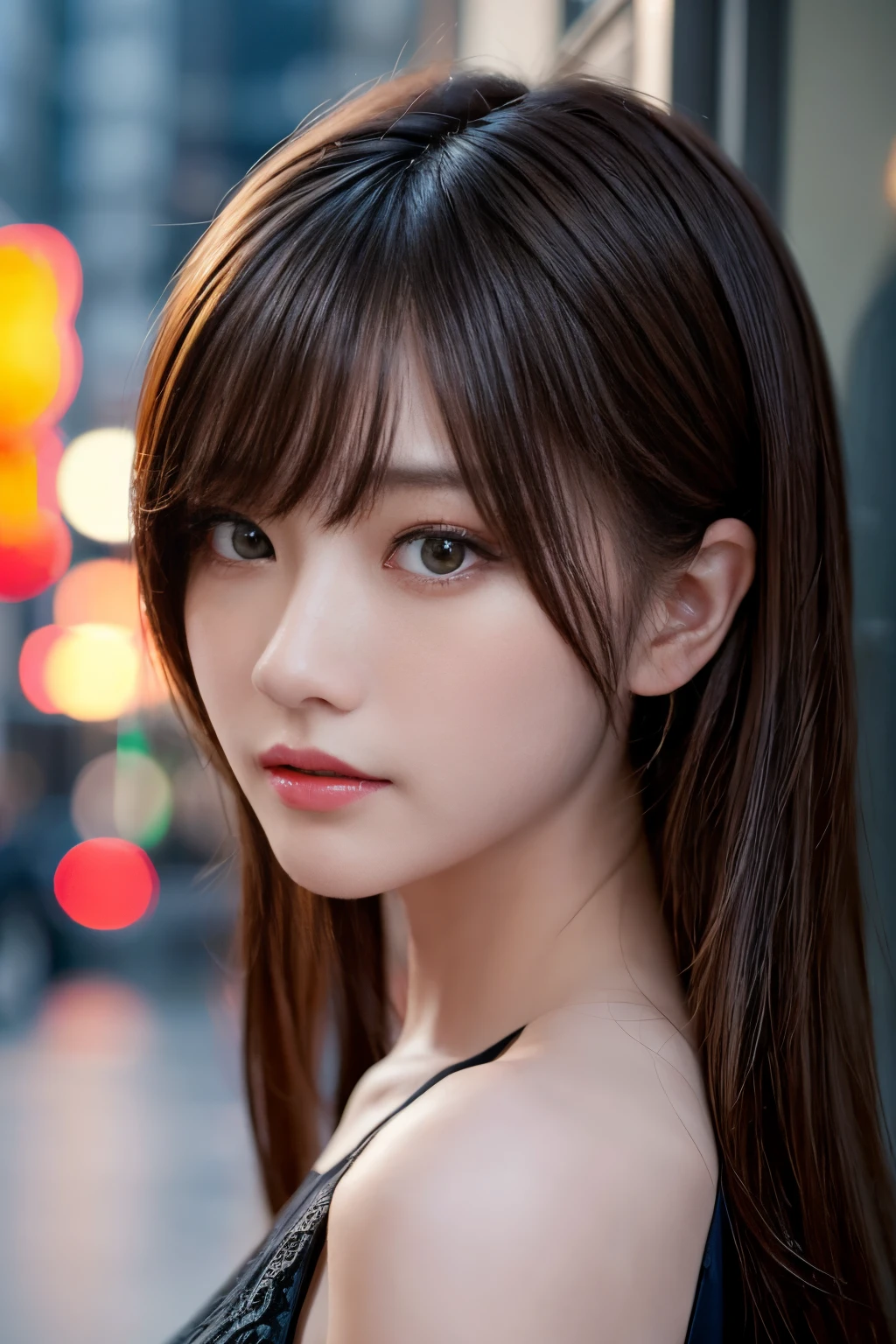masterpiece、1 beautiful girl、A detailed eye、Puffy eyes、top-quality, 超A high resolution, (Realisticity: 1.4), cinematlic lighting、Asian Beauty、Korea person、Super beauty、Beautiful skin、A slender、(A hyper-realistic)、(hight resolution)、(8K)、(ighly detailed)、(beautifully detailed eyes)、(ultra-detailliert)、 (wall-)、A detailed face、Bright lighting、profetional lighting、looking at viewert、oblique bangs、nighttime scene、Brown hair、age19、tall,