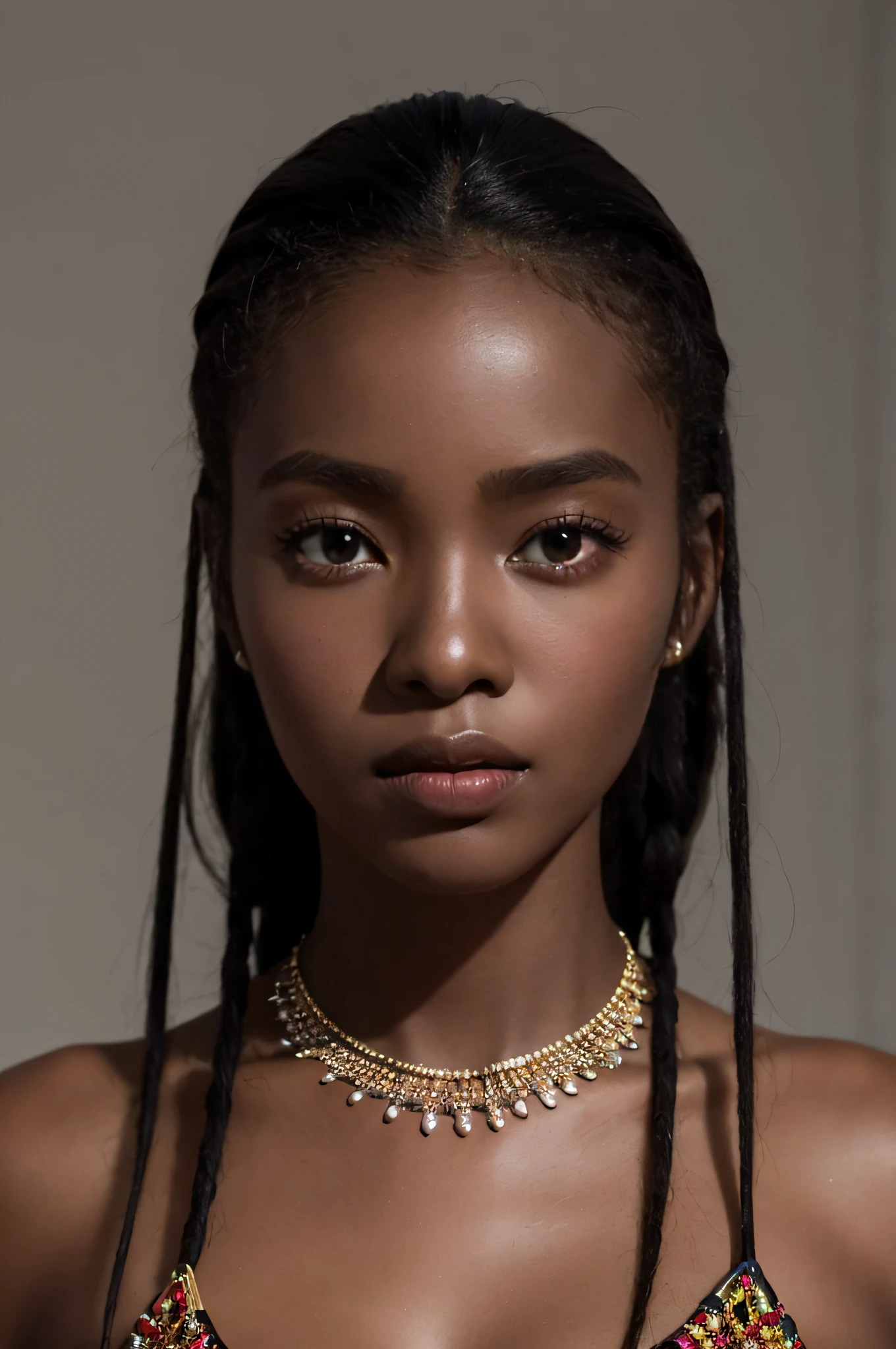 a close up of a woman with a necklace and a necklace, dark-skinned, young black woman, brown skin. light makeup, black young woman, stunning african princess, dark skinned, dark skin, dark skin tone, gorgeous woman, dark brown skin, brown skinned, dark black skin tone, african facial features, maria borges, black girl, black teenage girl