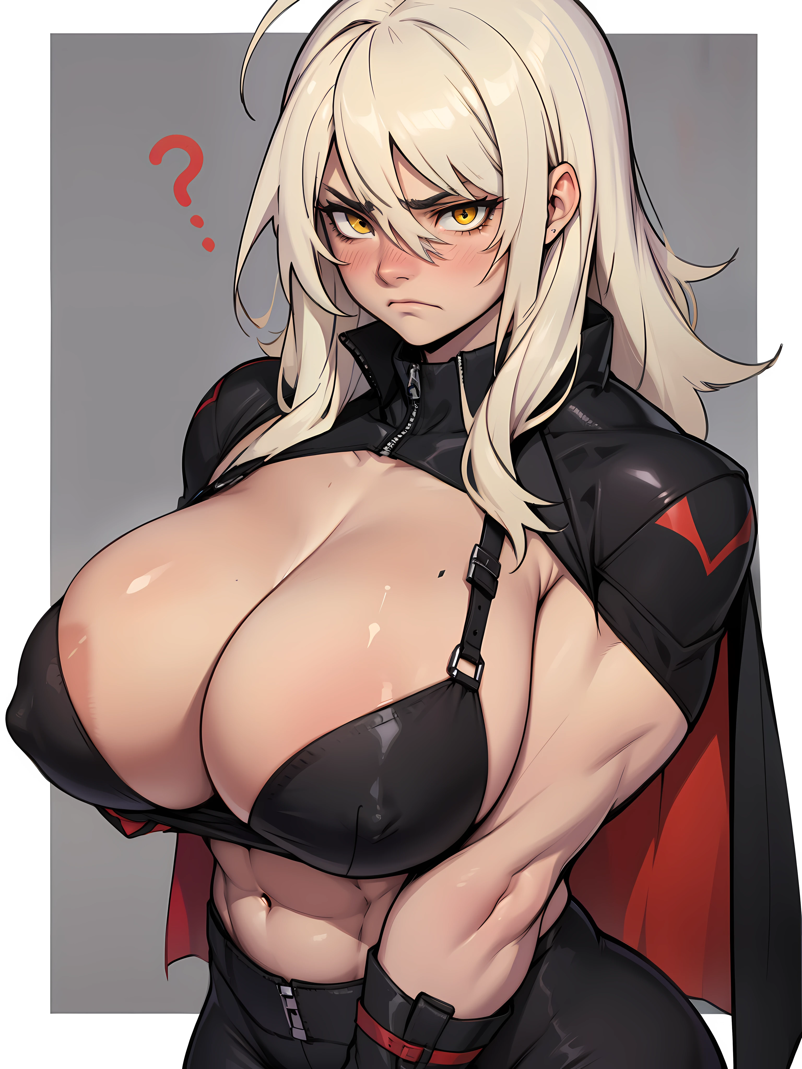 girl muscles huge breasts pale skin black long hair yellow eyes sad blushing solo frown