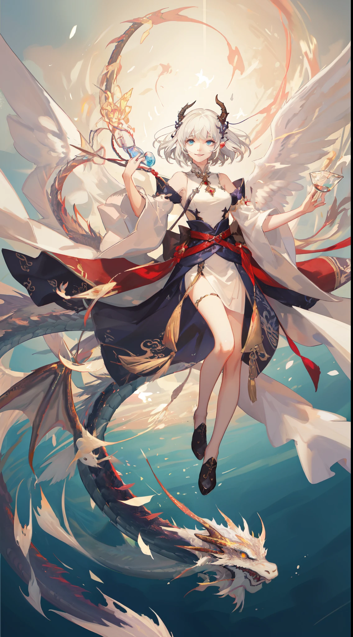 (Sheer and revealing white fluffy outfit:1.3, ),(Angel with glass wings floating on lake:1.3), (Dragon protecting a girl behind:1.3),Glossy light brown and orange striped shorthair,Cute smile,Perfect round face,A cheerful smile that makes the viewer happy,Proper body proportion,masutepiece,Super high-quality output images,hight resolution,Intricate details,Hair fluttering in a very delicate and beautiful wind,photos realistic,Dreamy,Professional Lighting,realistic shadow,Solo Focus,Beautiful hands,Beautiful fingers,Detailed finger features,detailed clothes features,Detailed hair features,detailed facial features,(Ghibli style:1.3), BREAK, (masterpiece, top quality, best quality, official art, beautiful and aesthetic:1.2), (elf), (1girl), solo, Bob cut hair, Blunt bangs, (hair between eye), white hair，(beautiful detailed face:1.2)，eyelashes, blue eyes, eyeshadow, pink eyeshadow, art style by Artgerm, by Wadim kashin, by Kawacy, by Yusuke Murata