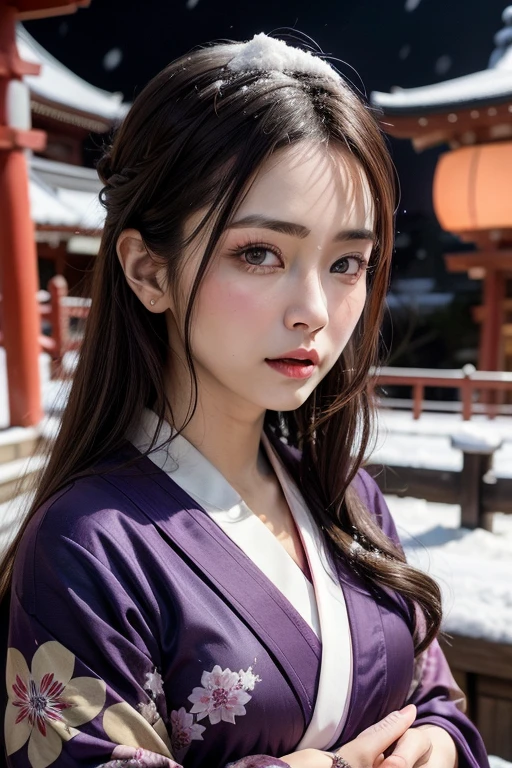 (zydG),nffsw:1.2,(hyper realisitic:1.50),(Realistic:1.4),Best Quality,masutepiece, 超A high resolution (Photorealistic: 1.4),33-year-old woman,BREAK　light brown hair,Loose hairstyle,Long hair down to the waist,((BREAK　dark purple japanese kimono)),(BREAK　hair adornments),(BREAK　Kiyomizu temple background covered in snow,snowfall,snow cover,deep in the night:1.10)),natural make up,Glossy skin with blushing cheeks,with round face,Big eyes,drooing eyes,Zoom face,Happy New Year