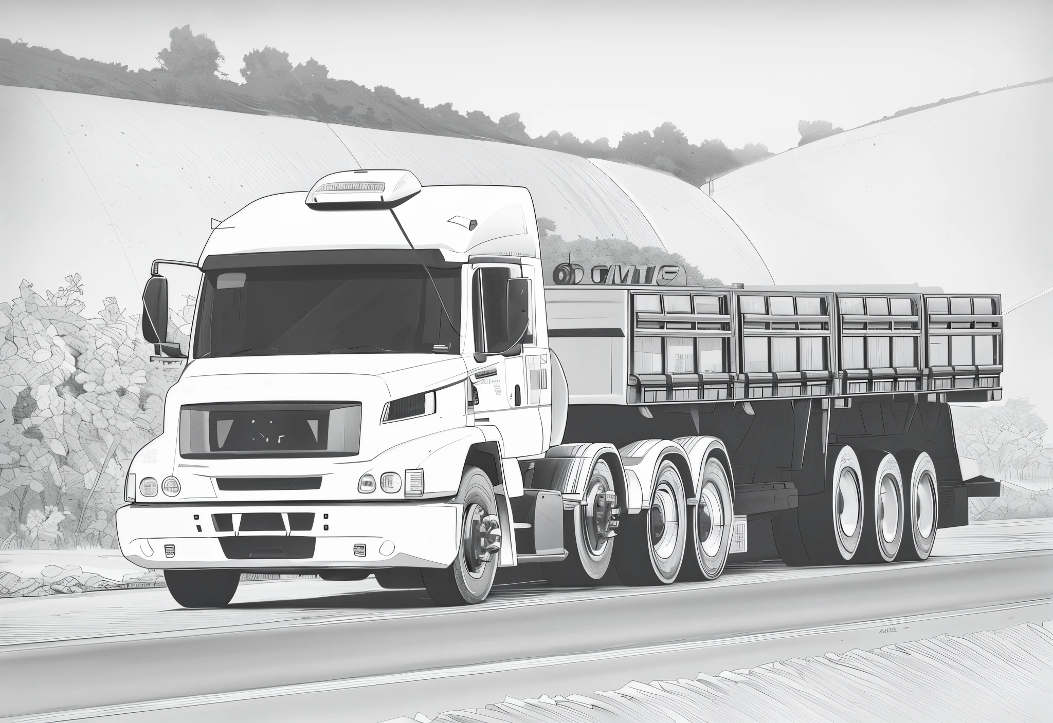 in line art, there is a white truck passing on the road exploitable image, powerful scene, monochrome, wonderful scene, single body, uncropped, handsome