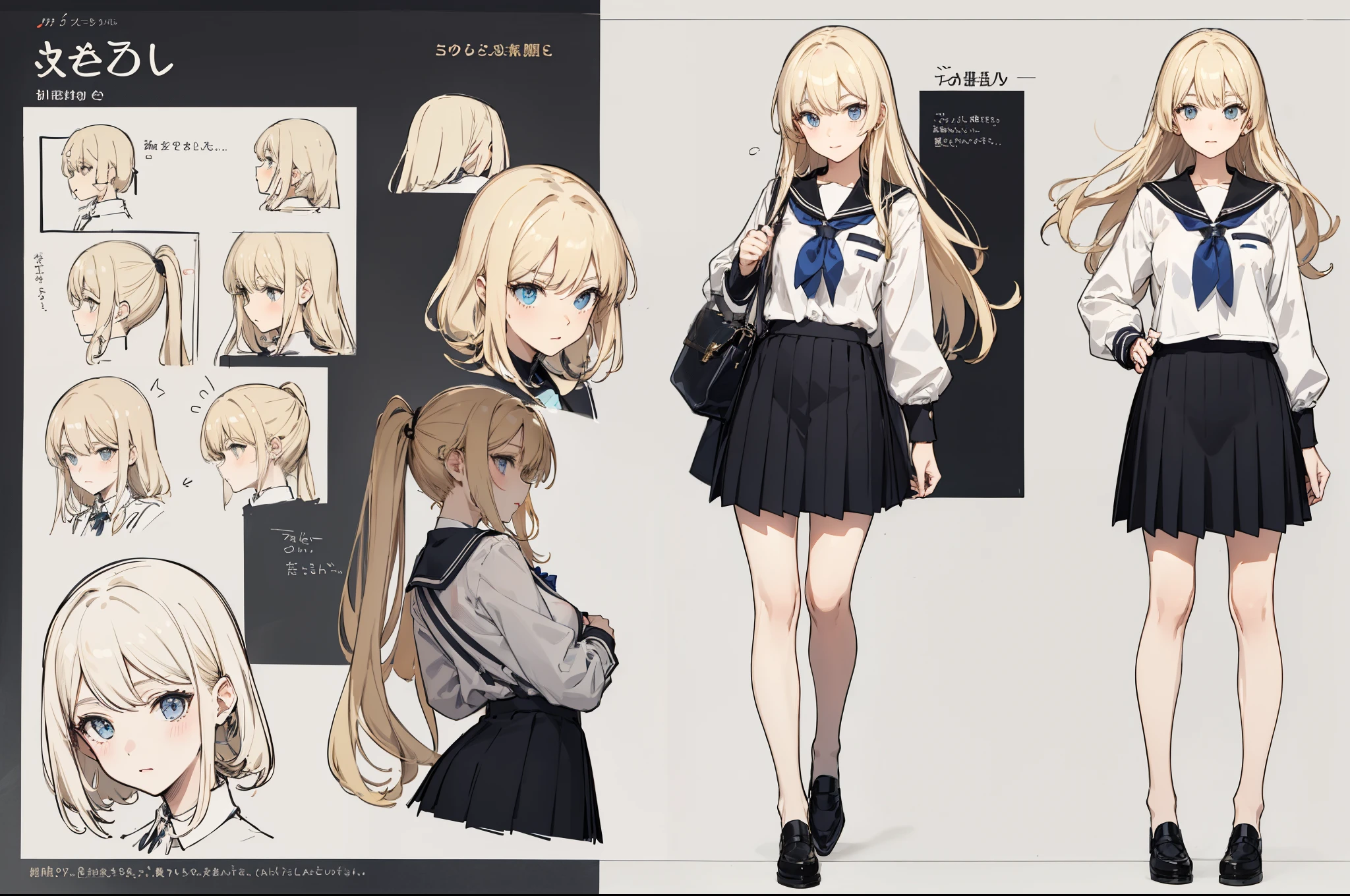 shcool uniform，Stockings，Short black skirt，White top，Fashion leather shoes， popular colors，（character design sheet，facefront，backfacing，Lateral face，Same character），The background is ，long golden hair，small nipple，******girl，Thick eyebrowig breasts thin waist，Beautiful blonde，（nmasterpiece），（（HighestQuali）），（ultra-detailliert），Giant Breast Girl，（beautifuleyeeautiful details eyes，Clean and meticulous face，Five fingers，Textile shades，anatomy perfect