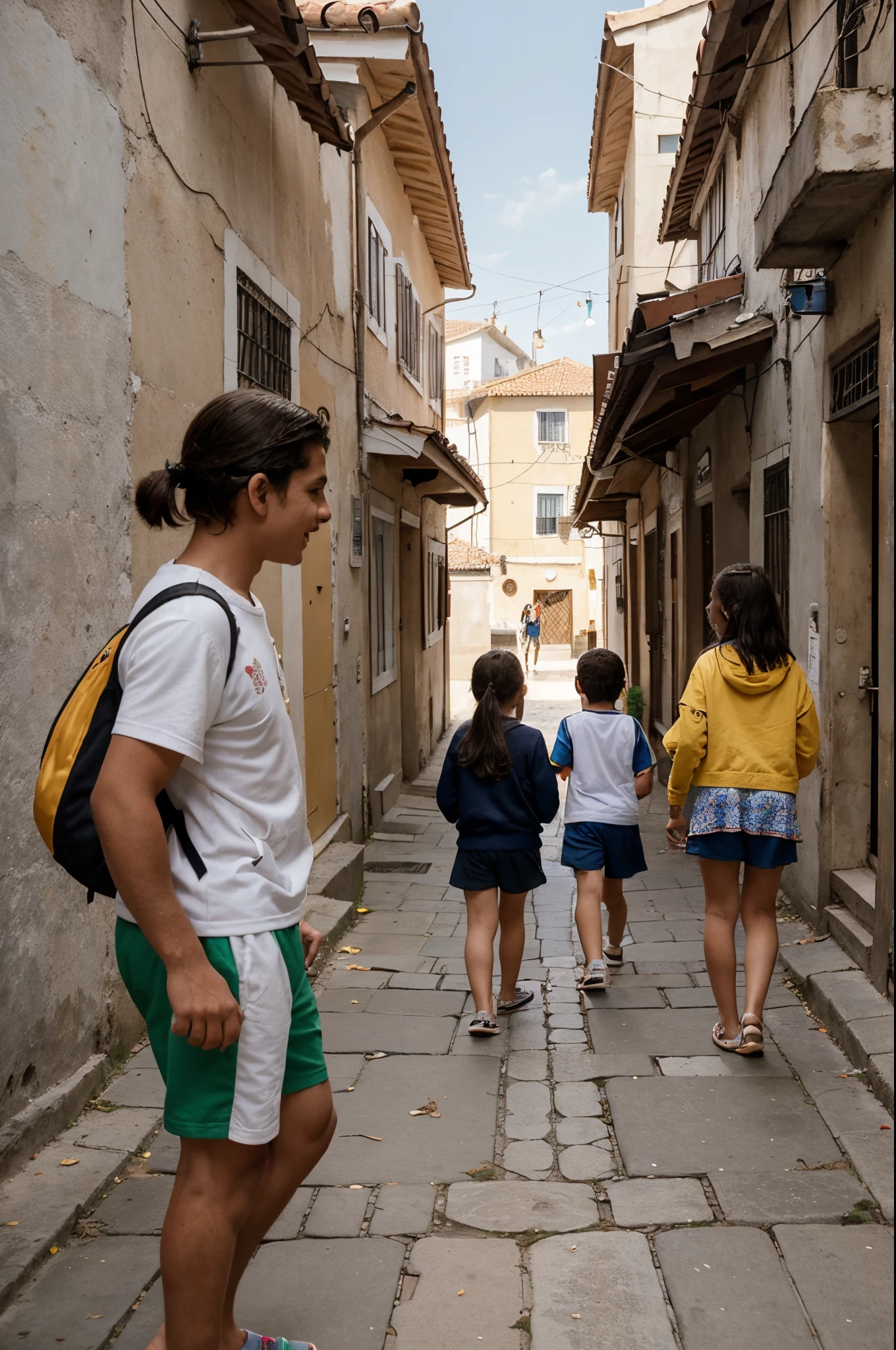 "Generate a nostalgic scene depicting a typical childhood moment of playing in the streets of Portugal. Envision a sun-drenched afternoon in a residential neighborhood with narrow cobblestone streets and pastel-colored houses. The air is filled with the distant sounds of neighbors chatting and the occasional clinking of dishes from nearby homes.

Picture a group of local children, ranging from 7 to 10 years old, playing a lively game of street football (futebol de rua) in front of their houses. The sound of a ball being kicked resonates through the air as the kids, barefoot and brimming with energy, chase after it with shouts of excitement.

Capture the authenticity of the scene by describing the makeshift goalposts, marked by backpacks or jackets, and the uneven pavement that adds an extra layer of challenge to the game. Notice the intricate patterns of traditional Portuguese sidewalk tiles beneath their feet.

Include the details of the kids' attire—perhaps wearing jerseys of their favorite football teams or casual clothing suitable for an impromptu game. Highlight the diversity within the group, reflecting the rich cultural tapestry of Portugal.

Incorporate the occasional interruption as a resident walks by, offering a friendly smile or words of encouragement to the children. Feel the warmth of the sun on their faces and the laughter that echoes through the narrow streets, creating a vivid and authentic snapshot of the carefree joy that defines a typical childhood afternoon in Portugal."