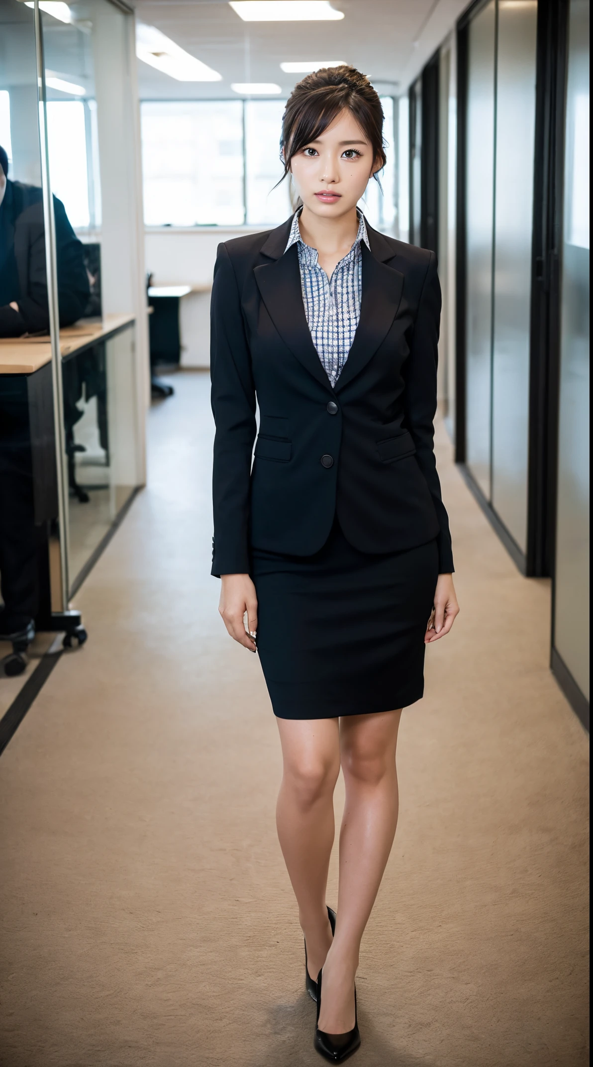 (masutepiece,High quality:1.3),(depth of fields:1.3) ,((front body:1.35)), Japanese ,beautiful woman,Chignon,Black Piece suit, collared shirt, Black pencil skirt,Huge breasts,(Looking at Viewer:1.3),(Full body:1.2),office