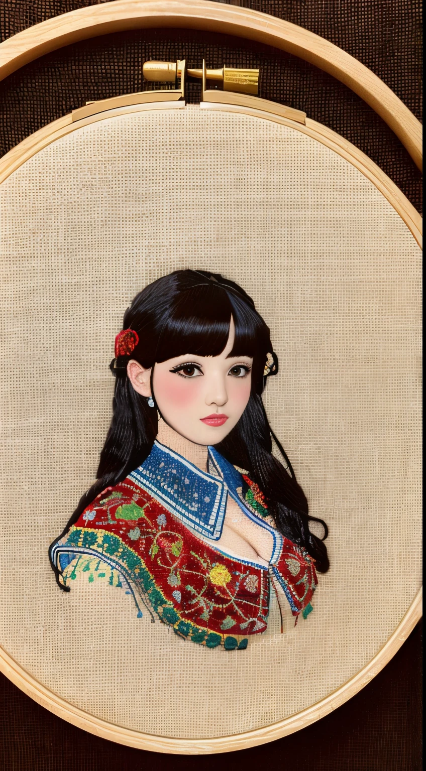 Embroidery of a portrait of a beautiful girl with big breasts and a gravure idol on a cloth stretched over a round embroidery frame