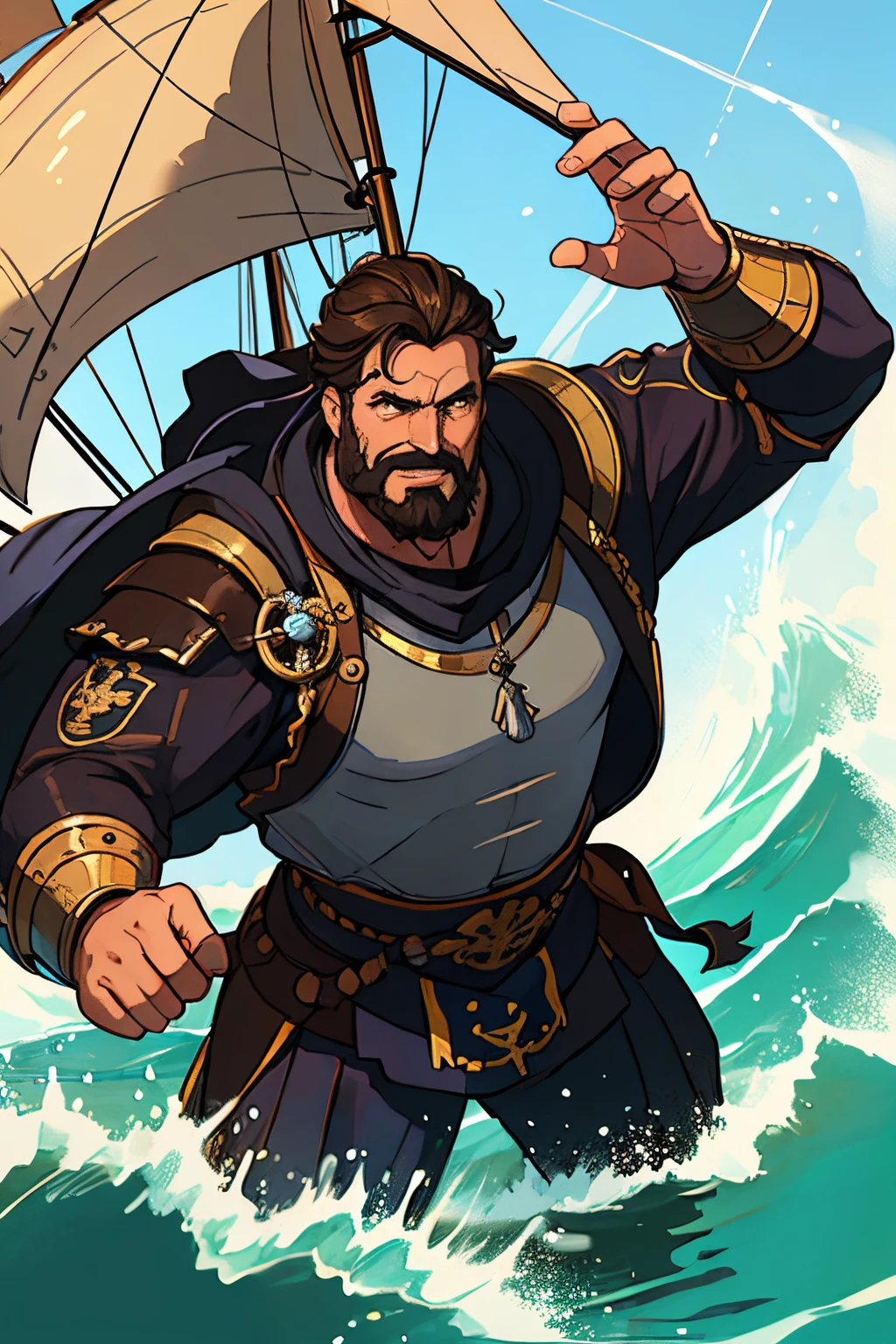 obra maestra, La mejor calidad, Detallado, kinematics, 4k, Antecedentes con: Frente a un barco pirata, vistiendo ropa y armadura tradicionales blancas de paladin, Un adulto musculoso que es un absoluto experto en magia de luz (pelo muy corto y barba rodeando su mandibula), pose genial