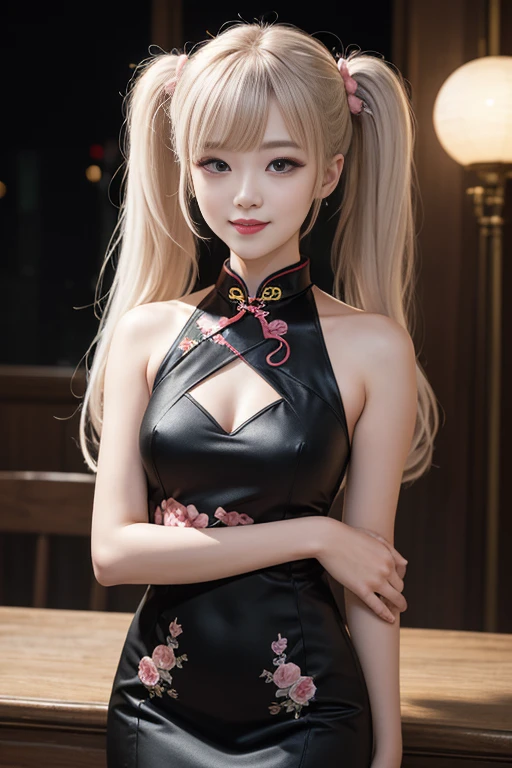 sidelocks, long hair, smiling, looking at viewer, from front, twintails, bangs, white hair, mole under eye, hazel eyes, bunny ears, makeup, parted lips, masterpiece, high quality, best quality, anatomically correct, pinup cheongsam, black dress, makeup, pink lips, wide hips, small breasts, 24K Graphic Arts, depth of fields, absurderes, Moonlight, Long Focus, 1girl in, 20yr old, detailed beautiful face