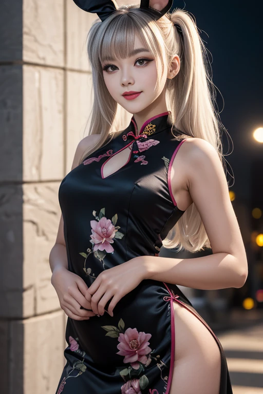 sidelocks, long hair, smiling, looking at viewer, from front, twintails, bangs, white hair, mole under eye, hazel eyes, bunny ears, makeup, parted lips, masterpiece, high quality, best quality, anatomically correct, pinup cheongsam, black dress, makeup, pink lips, wide hips, small breasts, 24K Graphic Arts, depth of fields, absurderes, Moonlight, Long Focus, 1girl in, 20yr old, detailed beautiful face