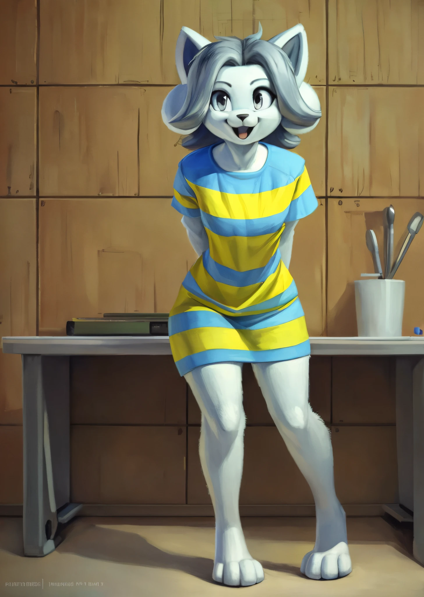 [temmie], [undertale], [Uploaded to e621.net; (Pixelsketcher), (wamudraws)], ((masterpiece)), ((HD)), ((solo portrait)), ((front view)), ((feet visible)), ((furry; anthro)), ((detailed fur)), ((detailed shading)), ((beautiful render art)), {anthro; (slim figure), (white body fur), black nose, cute grey eyes, short grey hair, (curvy hips), (beautiful legs), (beautiful paws), (excited smile)}, {(blue-yellow striped tee shirt)}, {(standing), (looking at viewer)}, [background; (cardboard walls), (desk), (ambient lighting)]