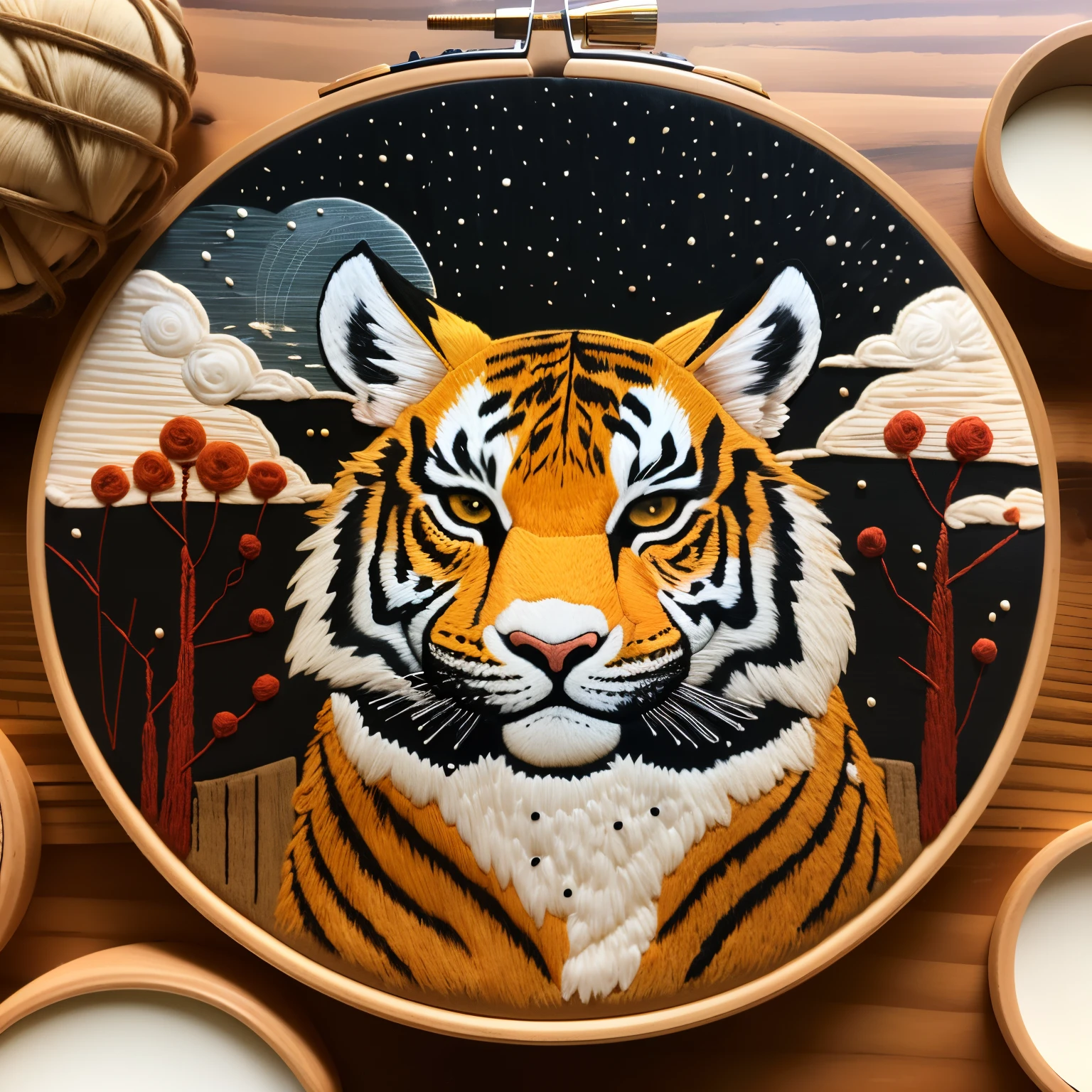 masterpiece,top quality,
cuocuoxiu,punch needle embroidery,scenery,no humans,tiger,traditional media,emotional,harmonious,highly detailed,high budget,bokeh,cinemascope,epic,gorgeouackground,