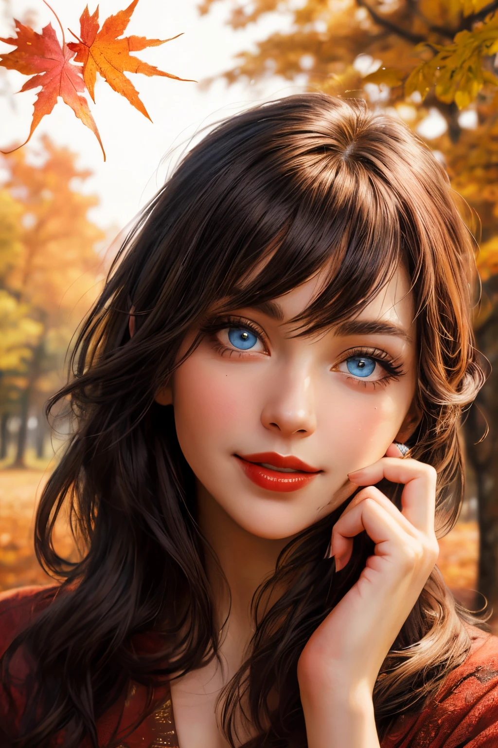 Autumn Falls, detailed woman face looking at the camera, blue eyes, hot thick red lips, mouth parted with sensuality, correct deformed fingers, photorealistic, sharpened eyes, eyes to the camera, slightly smiling