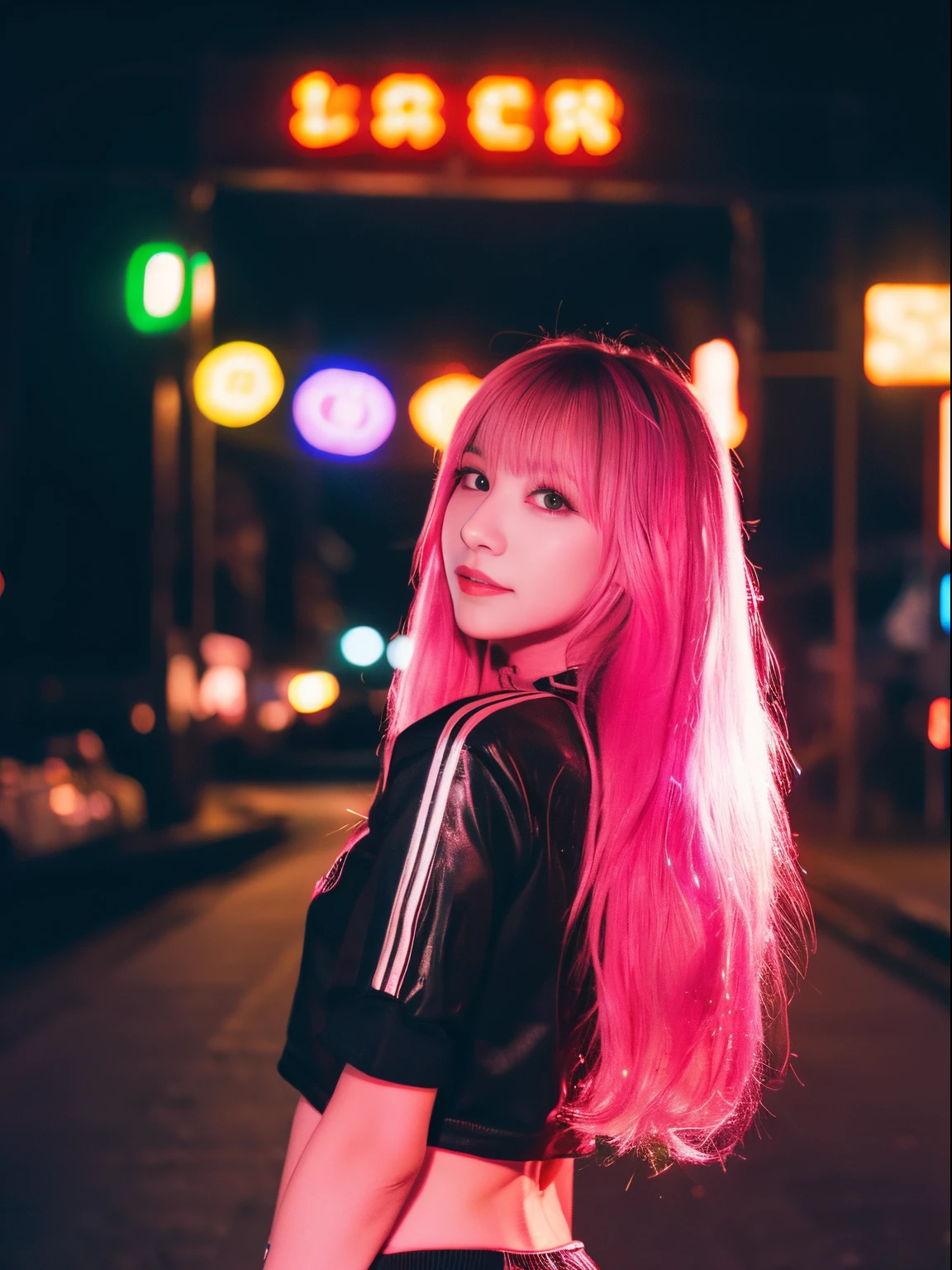 A woman with pink hair standing in the middle of a street - SeaArt AI