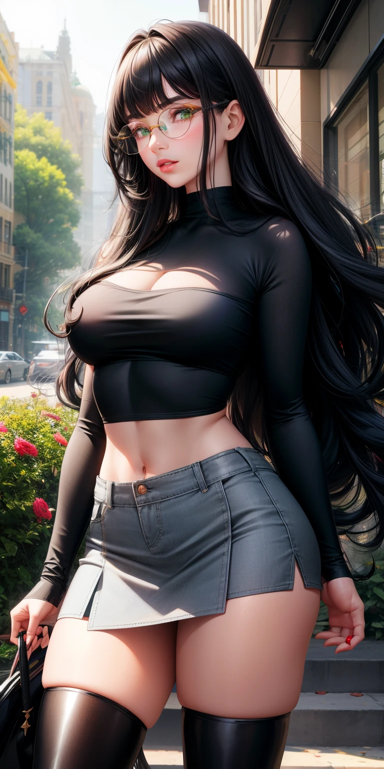 realistic, 1girl, Long Black curly hair with bangs covering majority of her forehead and eyebrows, reaching her eye lashes, deep green emerald eyes, light skin tone, round classy glasses, glowing eyes, black wrap top with an asymmetrical hem, red and grey plaid mini skirt, black tights, knee-high boots, parted lips, blush, night, flowers, sun, sunlight,