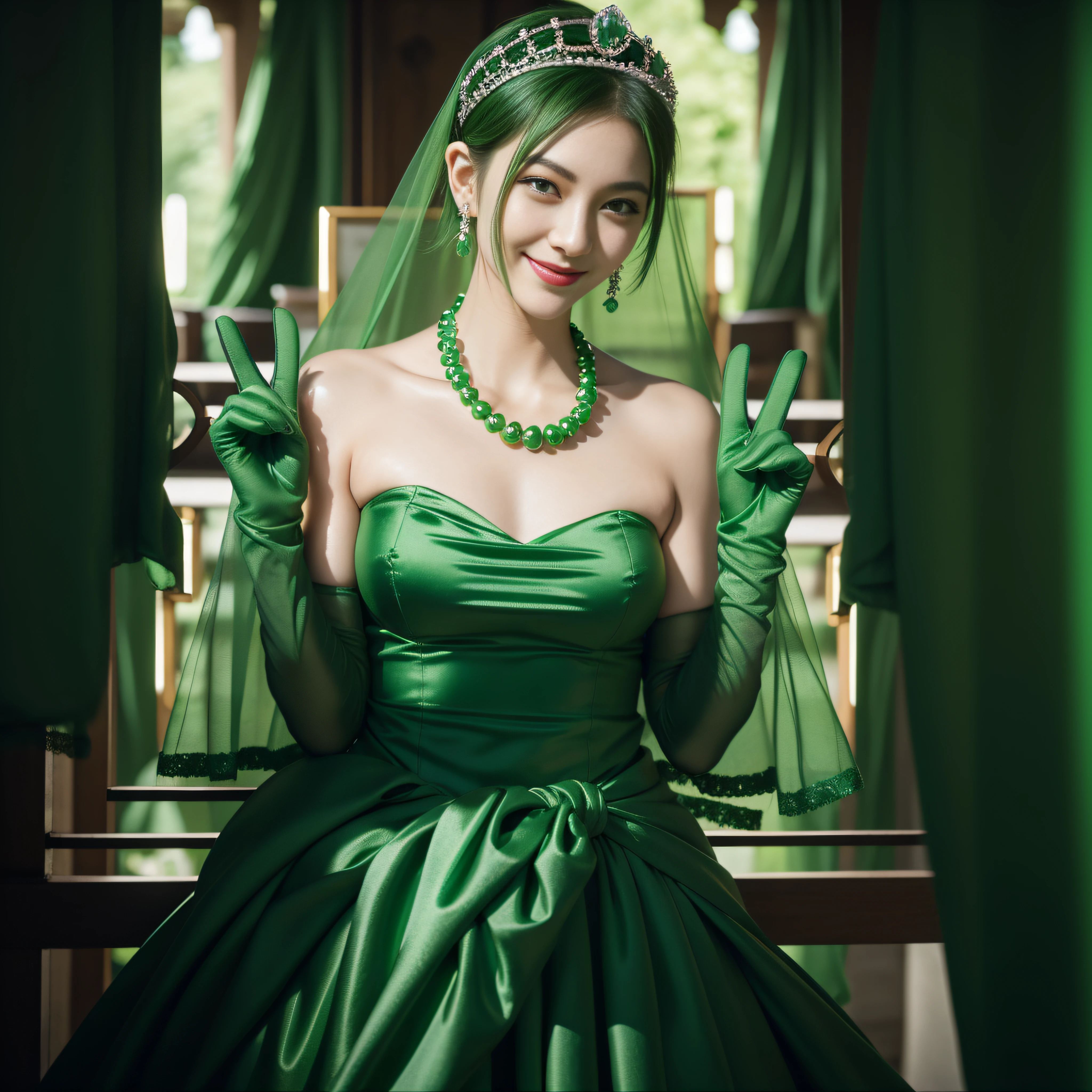 emerald tiara, Green Pearl Necklace, Boyish very short green hair, lipsticks, Japan woman smiling, very short short hair, big breasts beautiful, Green eyes, Long green gloves made of satin material, Green eyes, Emerald Earrings, green vale, v sign