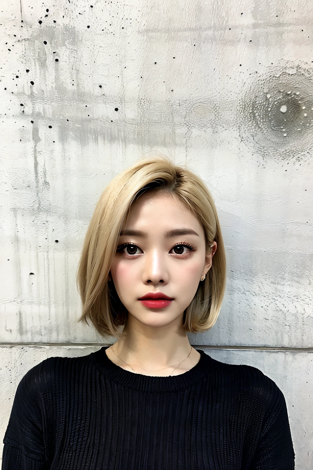 of the highest quality, 1 beautiful woman,, Concrete background、Tile background、Black knitwear、tile wall,From below、Black hair, ［Blonde Mesh Hair: 1.3］