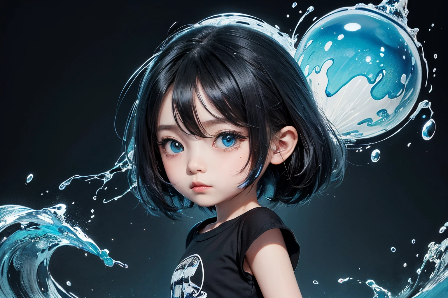 water paint art, ink drop, many color ink drop, blue ink drop, black ink drop, high detailed line art, dancing, kids, chibi style, super deformed, black t shirt, plain t shirt, high detailed body, amazingly fine detail, highest quality, high detailed finger, big file size, high detailed, masterpiece,