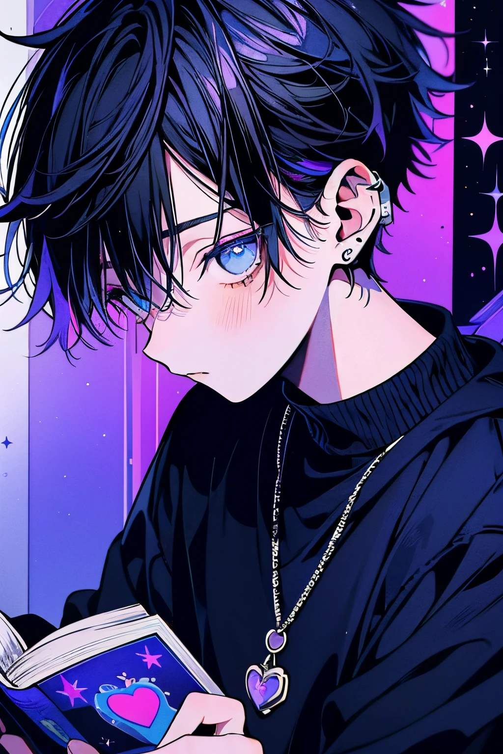 Boy, black hair, lendo um livro no seu quarto escuro, teto estrelado, cores: Azul escuro, preto, rosa, roxo,violeta,