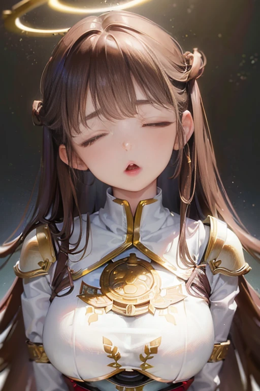 ((brown hair)), ((long hair)),((breastplate)),((8K)), ((masterpiece)), ((wing)),((halo)),((big breast)),((************)),((closed eyes:1.3)),((:o)),((moaning)),((pain)),((head shot)),((cleavage)),close up, look at viewer, tilt head