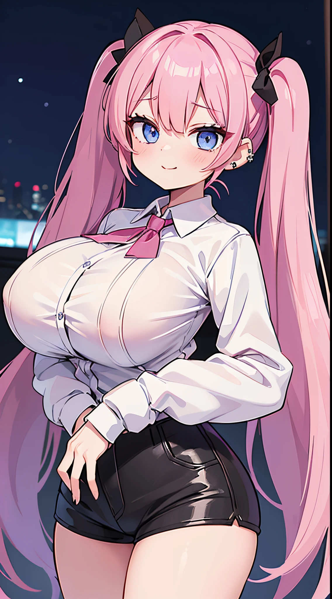 (masterpiece、top-quality、ultra-detailliert)、((1 girl))、((Pink hair twin tails))、light blue eyes、evilsmile、piercings、((very Bigger breasts))、White shirt、long-sleeve、black leather short shorts、thighs、wide hips、cowboy shot、background of night view