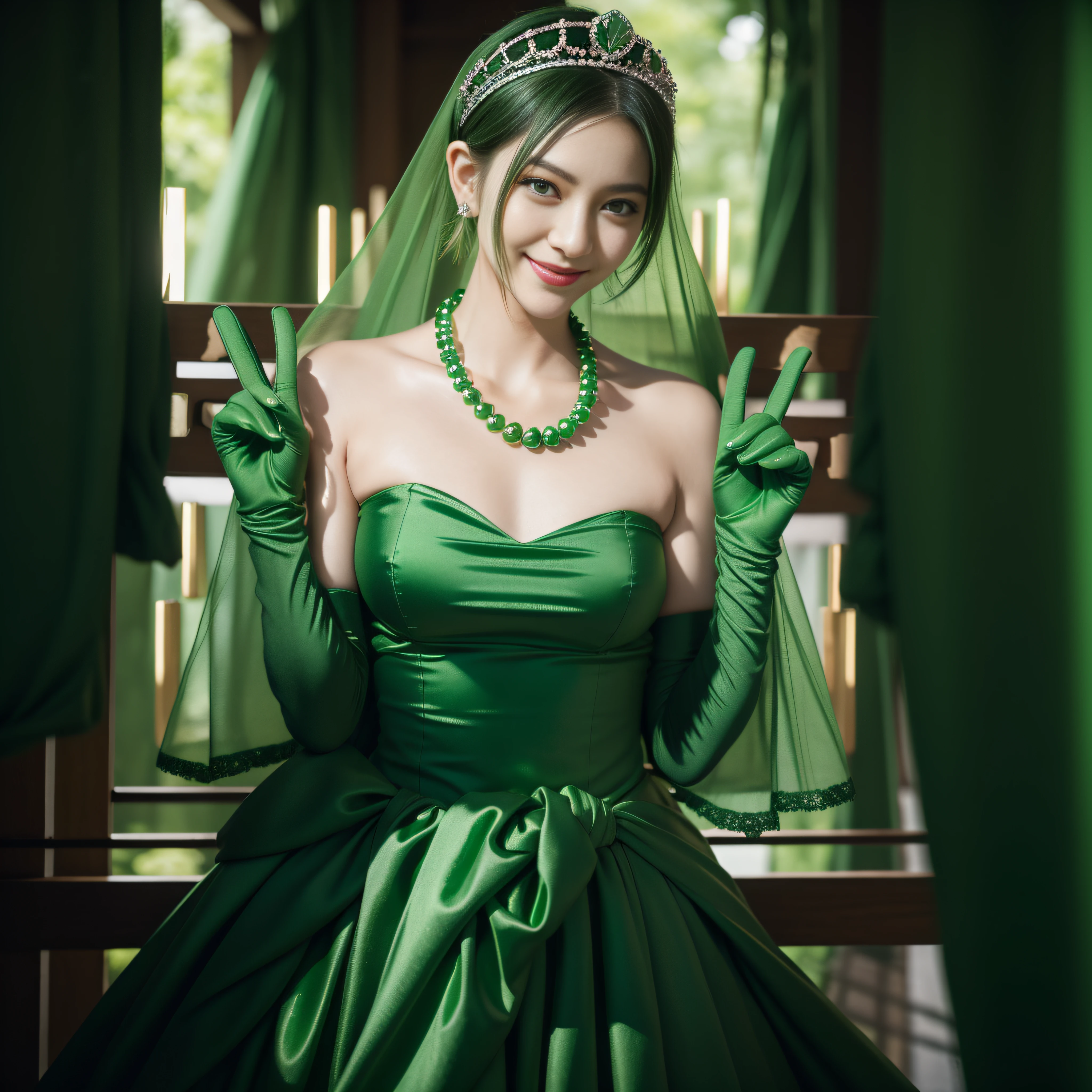emerald tiara, Green Pearl Necklace, Boyish very short green hair, lipsticks, Japan woman smiling, very short short hair, big breasts beautiful, Green eyes, Long green gloves made of satin material, Green eyes, Emerald Earrings, green vale, v sign