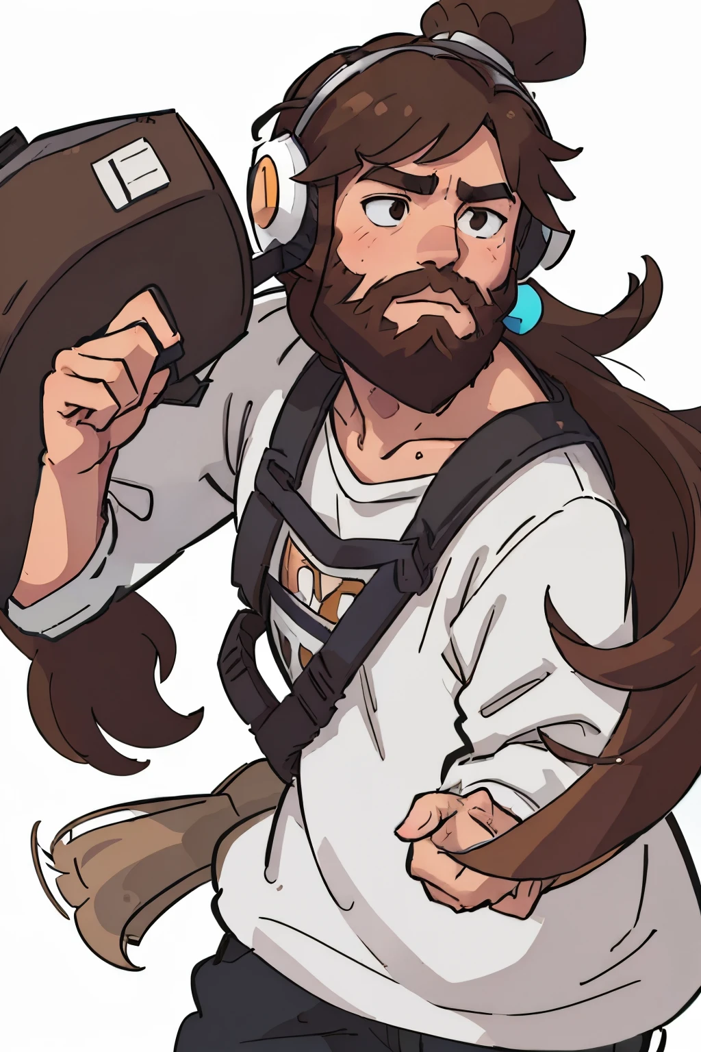 (best quality:0.8) perfect anime illustration, man with brown hair and large bushy beard, wearing headphones, holding a large pencil in left hand, action pose, white background.