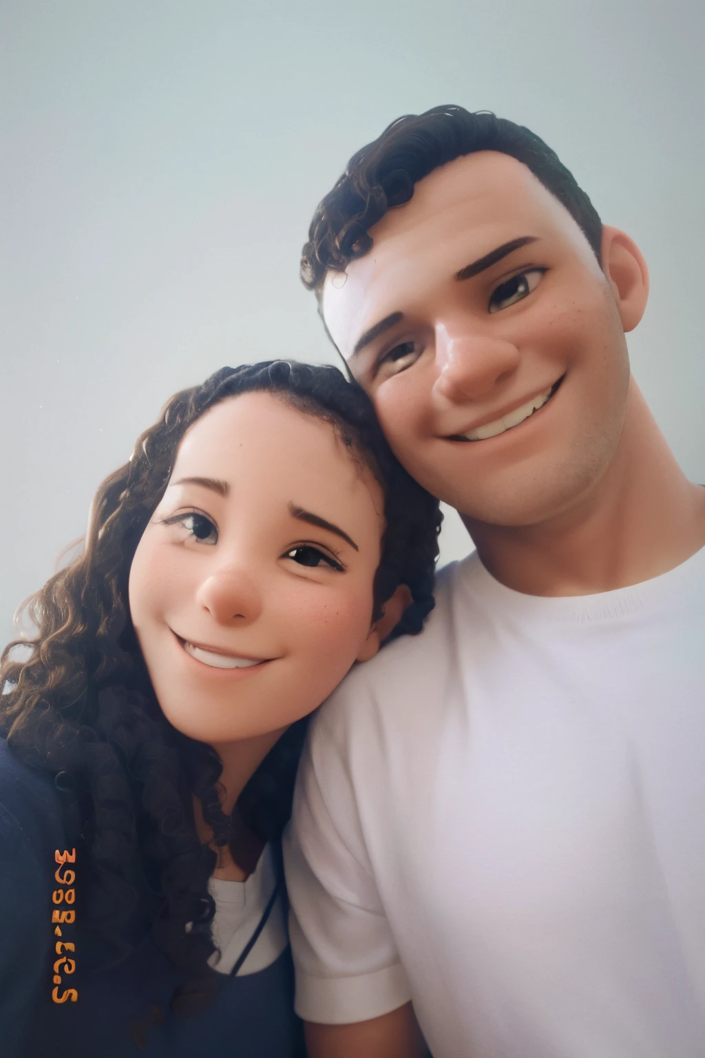 John and Carol, are a couple, who are taking a selfie, Karol has curly hair and is on João&#39;s shoulder, com um leve sorriso. João has slightly wavy and short hair., He is wearing a white shirt with a smile on his face.