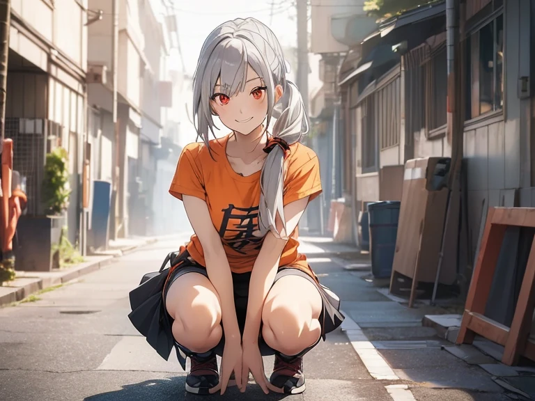 Anime style, Film Portrait Photography, 1womanl, squatting, slender face, a smile, ssmile, Beautuful Women, Red eyes, Straight hair, poneyTail, grey hair, Medium hair, woman wearing an orange shirt, adult lady, Wearing a miniskirt,　(Natural skin texture Vibrant details, hyper realisitic)