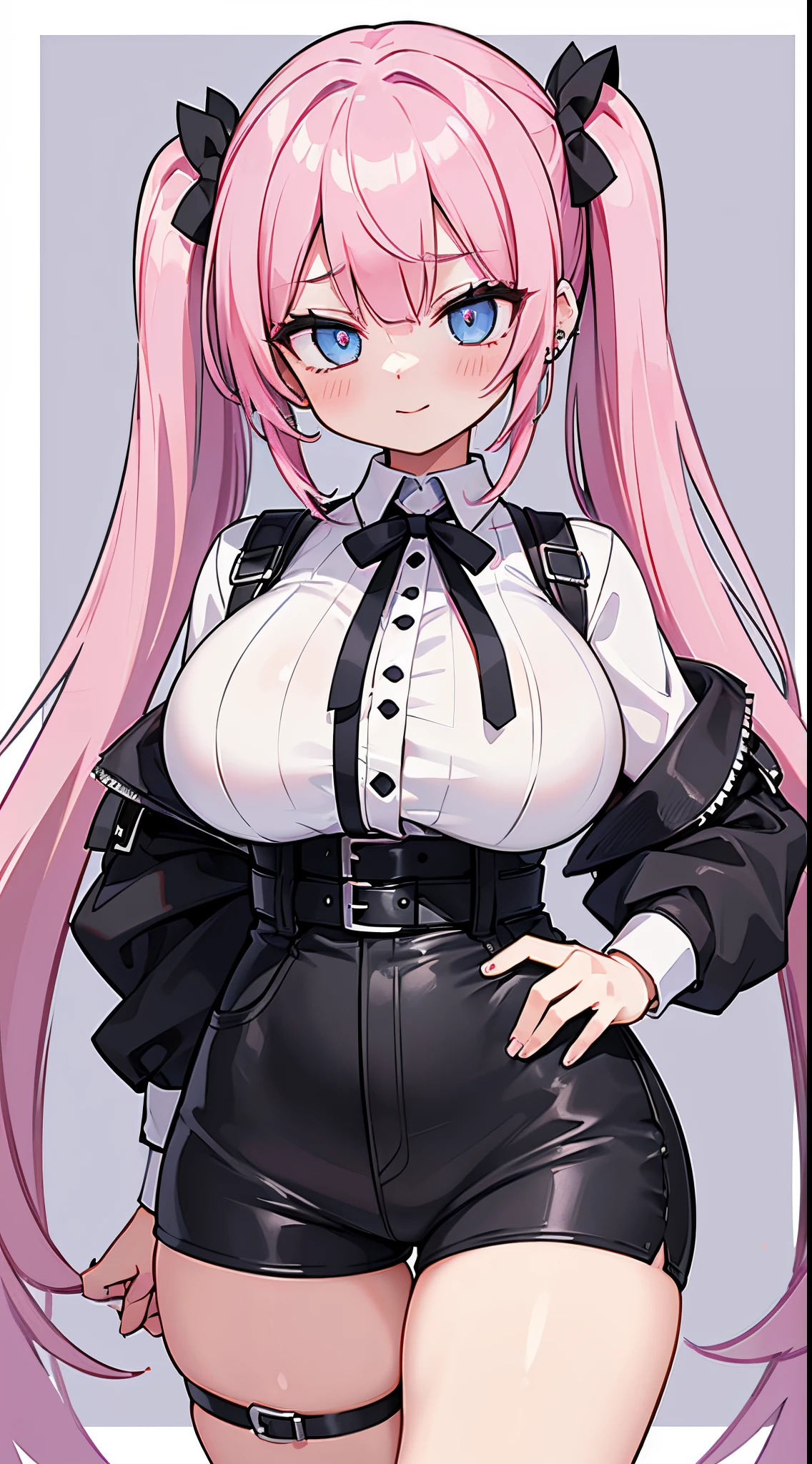 (masterpiece、top-quality、ultra-detailliert)、((1 girl))、((Pink hair twin tails))、light blue eyes、evilsmile、piercings、((very Bigger breasts))、White shirt、long-sleeve、Black harness、black leather short shorts、thighs、wide hips、cowboy shot、background of night view