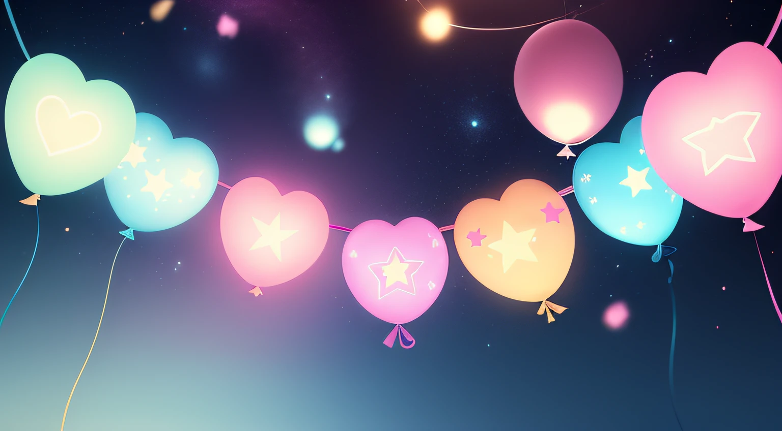 Background with, star shaped balloons、Kawaii Tech, kawaii, Cute, Pastel colors, Best Quality、kirakira、background pink light blue、pink there、shuicolor、amarelo
