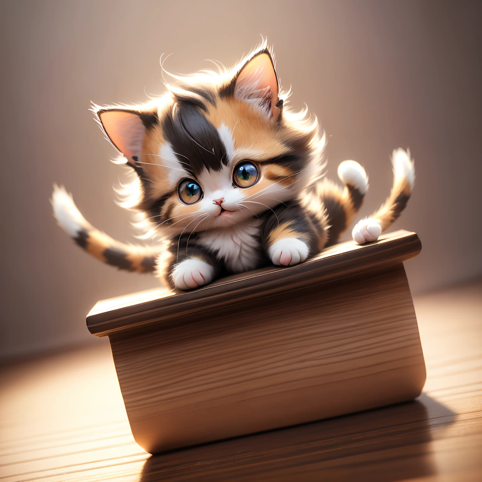 masterpiece、top-quality、ultra-detailliert、(Chibi Chara Calico Cat:1.27),(180 degree leg opening:1.3),Chibi Living,sitting down on the floor