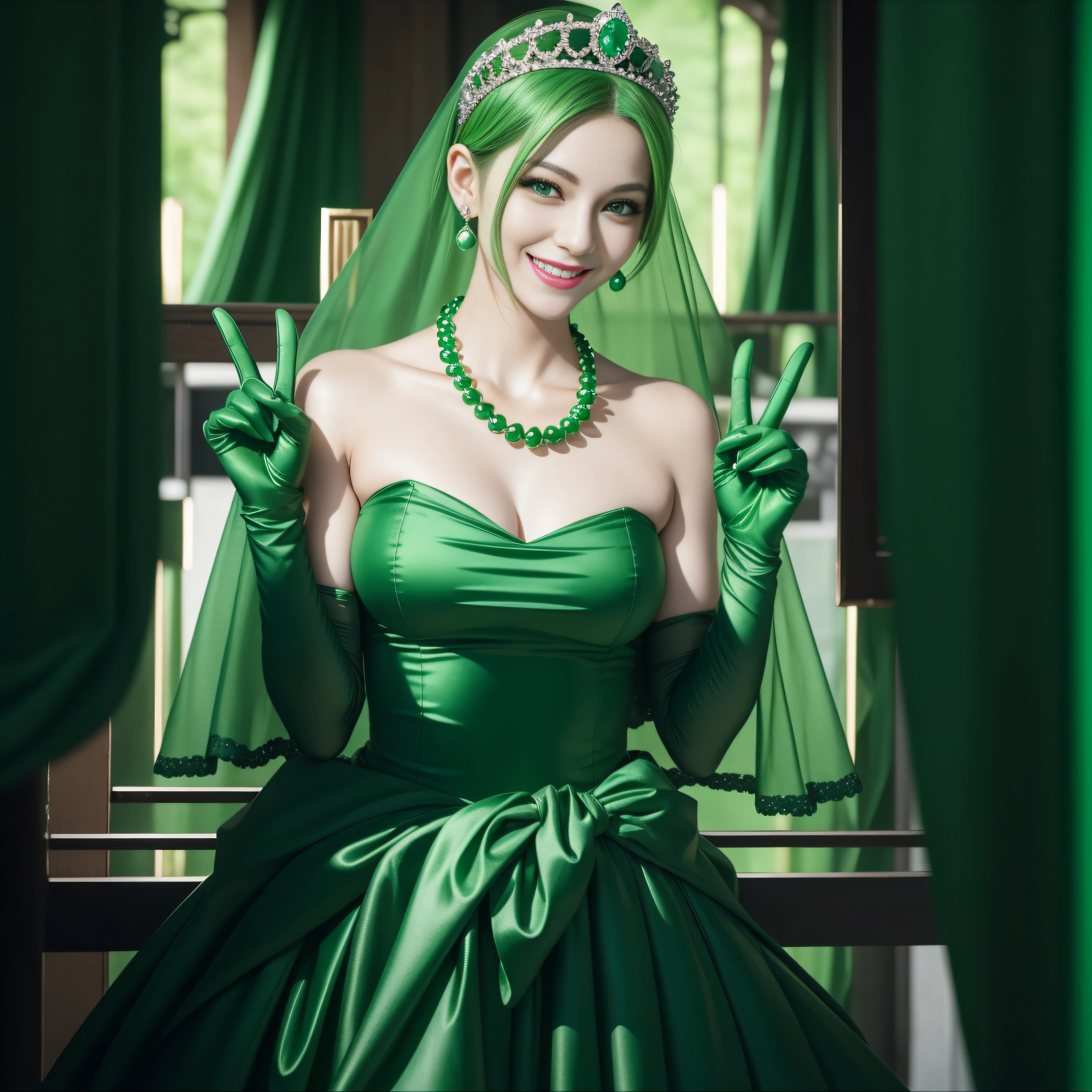 emerald tiara, Green Pearl Necklace, Boyish very short green hair, lipsticks, Japan woman smiling, very short short hair, big breasts beautiful, Green eyes, Long green gloves made of satin material, Green eyes, v sign,V-sign with both hands, Emerald Earrings, Green hair