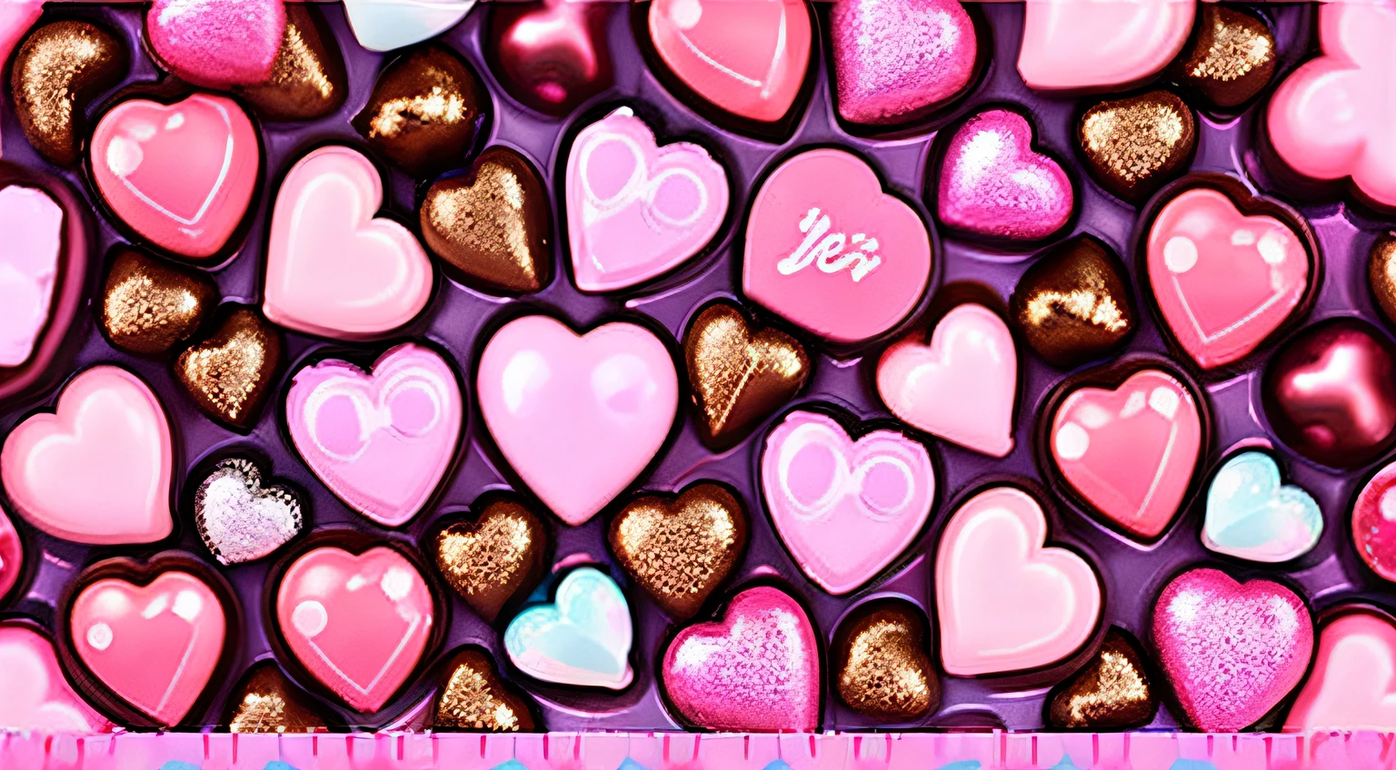 Background with,、lots of heart-shaped chocolates、Kawaii Tech, kawaii, Cute, Pastel colors, Best Quality、kirakira、No person、wall-