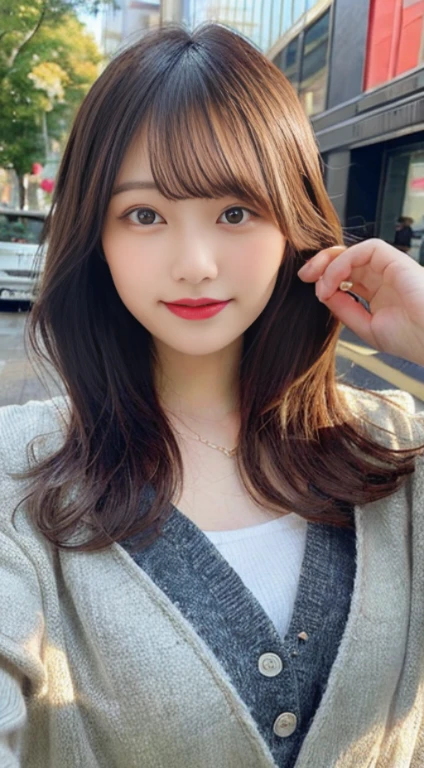 Imagen：「8K、 Best Quality、finely detail、photo-like、realisitic、hight resolution、Beautiful girl at 18 years old、Fine skin」 Background with：「random place、detaileds、realisitic、Face Up」 faces：「Beautiful detailed eyes、Clean double eyelids、Enraptured look、a smile、show teeth、cabelos preto e longos、Unified hair length left and right、Natural Color Lip」 body：「Height 160cm、random and bold clothes、Wearing outerwear for winter、Wearing a dress、Clothes colors are random、 E Cup Breast、pretty pose、facing front、Emphasizes cleavage」  accessoires：「Simple piercing」