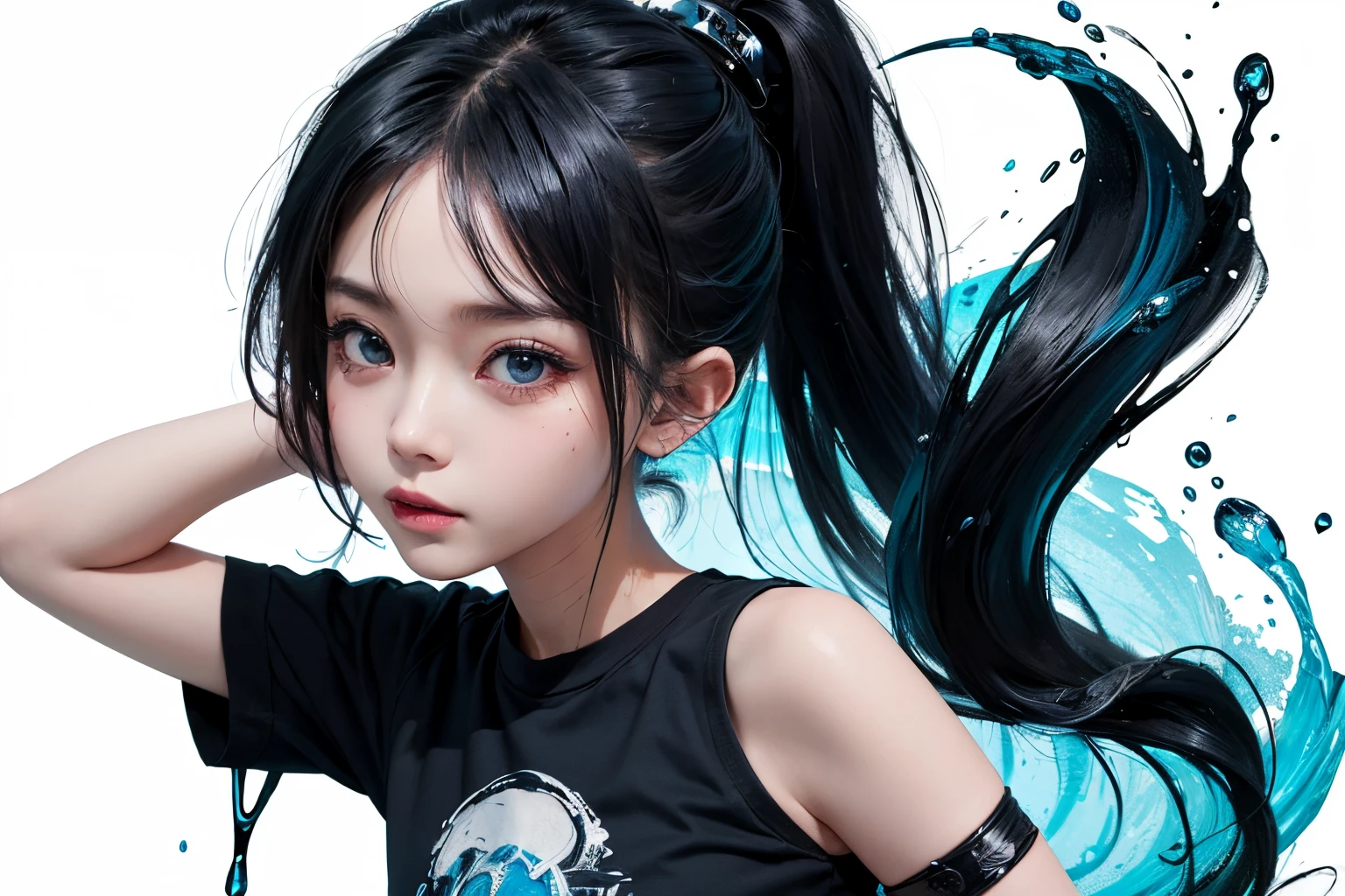 water paint art, ink drop, many color ink drop, blue ink drop, black ink drop, high detailed line art, dancing, girl, chibi style, super deformed, black t shirt, plain t shirt, high detailed body, amazingly fine detail, highest quality, high detailed finger, big file size, high detailed, masterpiece,