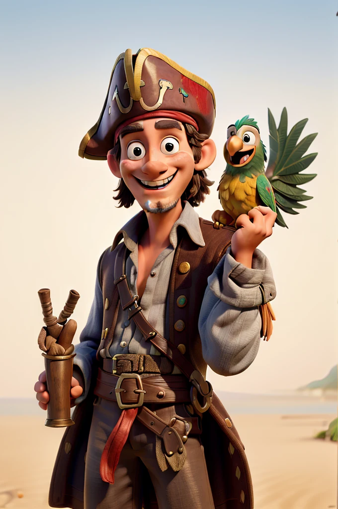 ((masterpiece)), ((best quality)), (ultra-detailed), ((cinematic light)), ((extremely detailed)), mature man, pirate costume, pirate hat, (happy smile, showing teeth), parrot on the shoulder, beach, horizon in the background